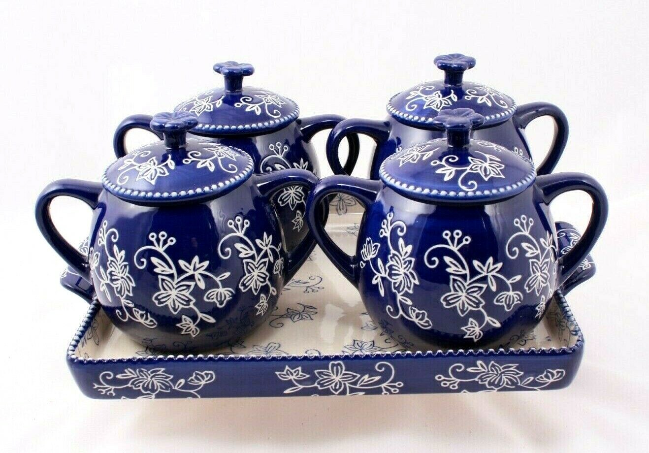 Temptations 2 Handled Covered Soup Bowls and Tray Cobalt Floral Lace 16 Ounces