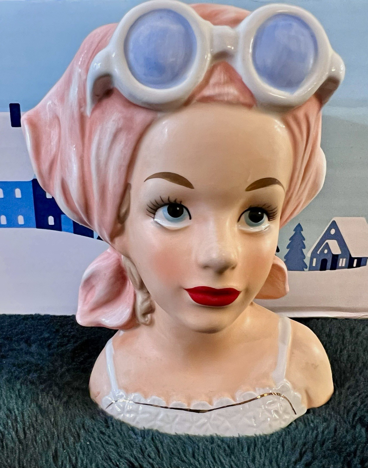 VINTAGE RARE RELPO K1863 GIRL WITH SUNGLASSES AND PINK SCARF HEAD VASE 5”