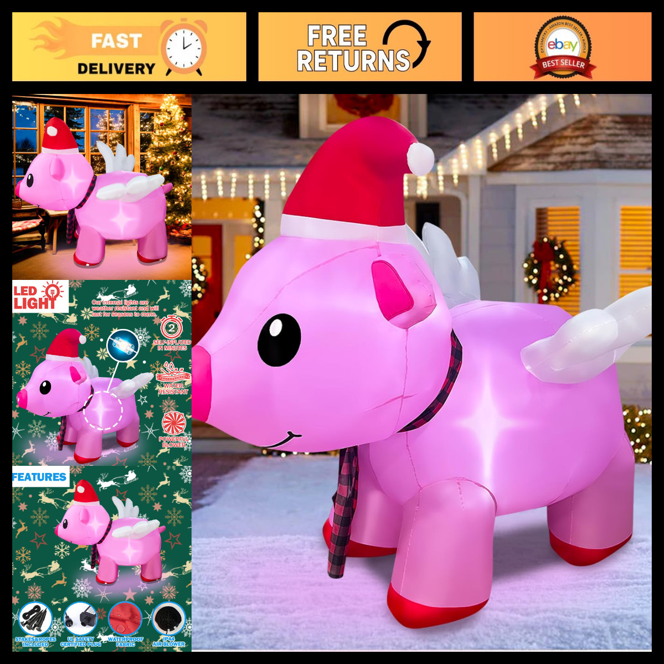 BLOWOUT FUN 4ft Inflatable Christmas Flying Pink Piggy Decoration