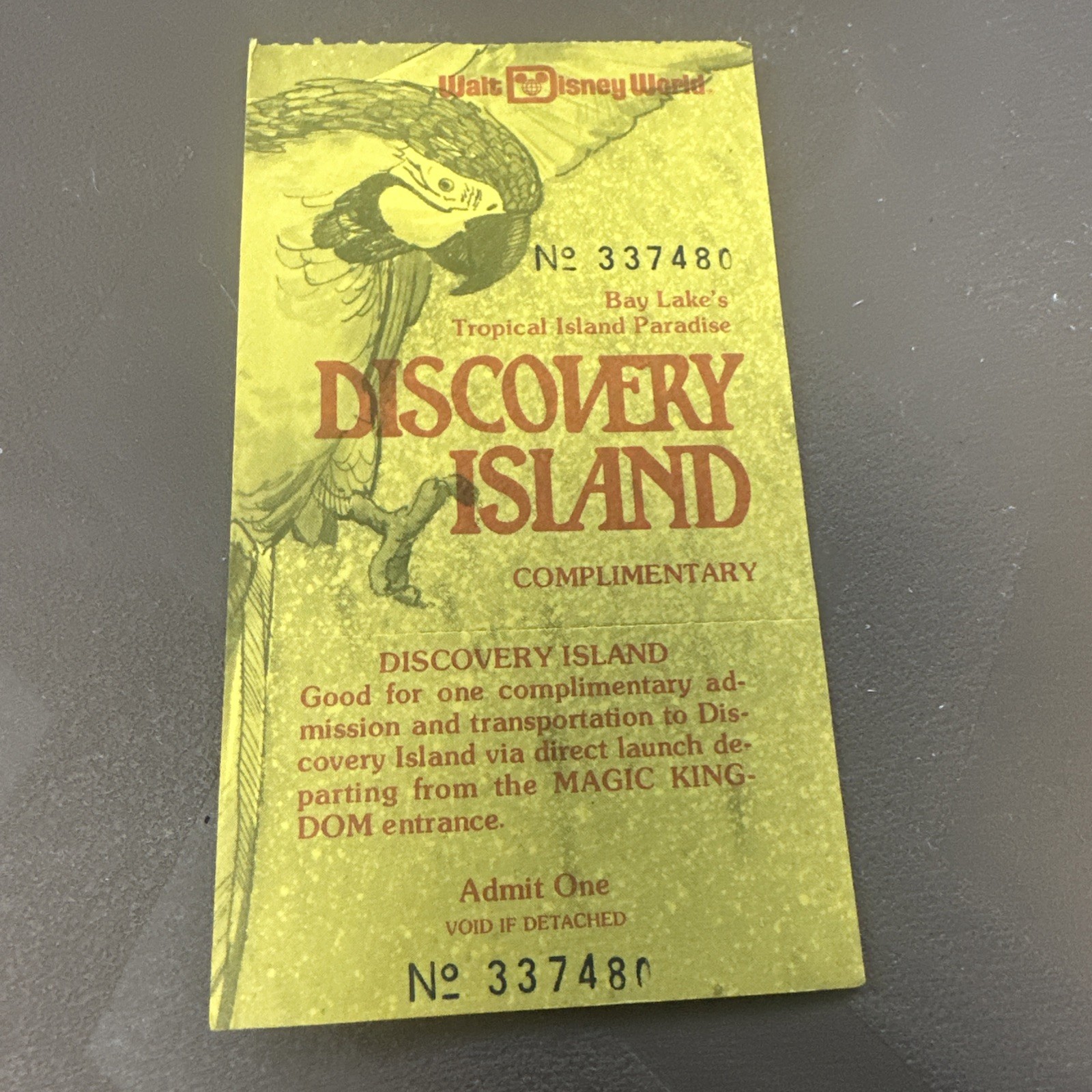 RARE Unused Discovery Island Complementary Ticket Walt Disney World Ticket 1980