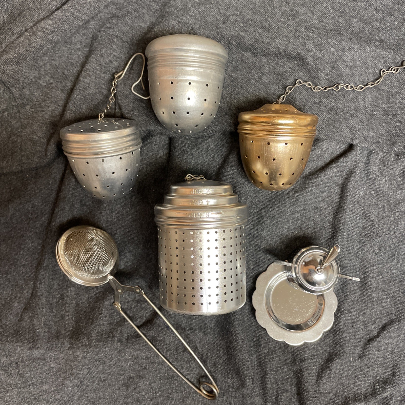 Vintage Aluminum Tea Ball Strainers Acorn Basket & Tea Pot Shapes Lot Of 6