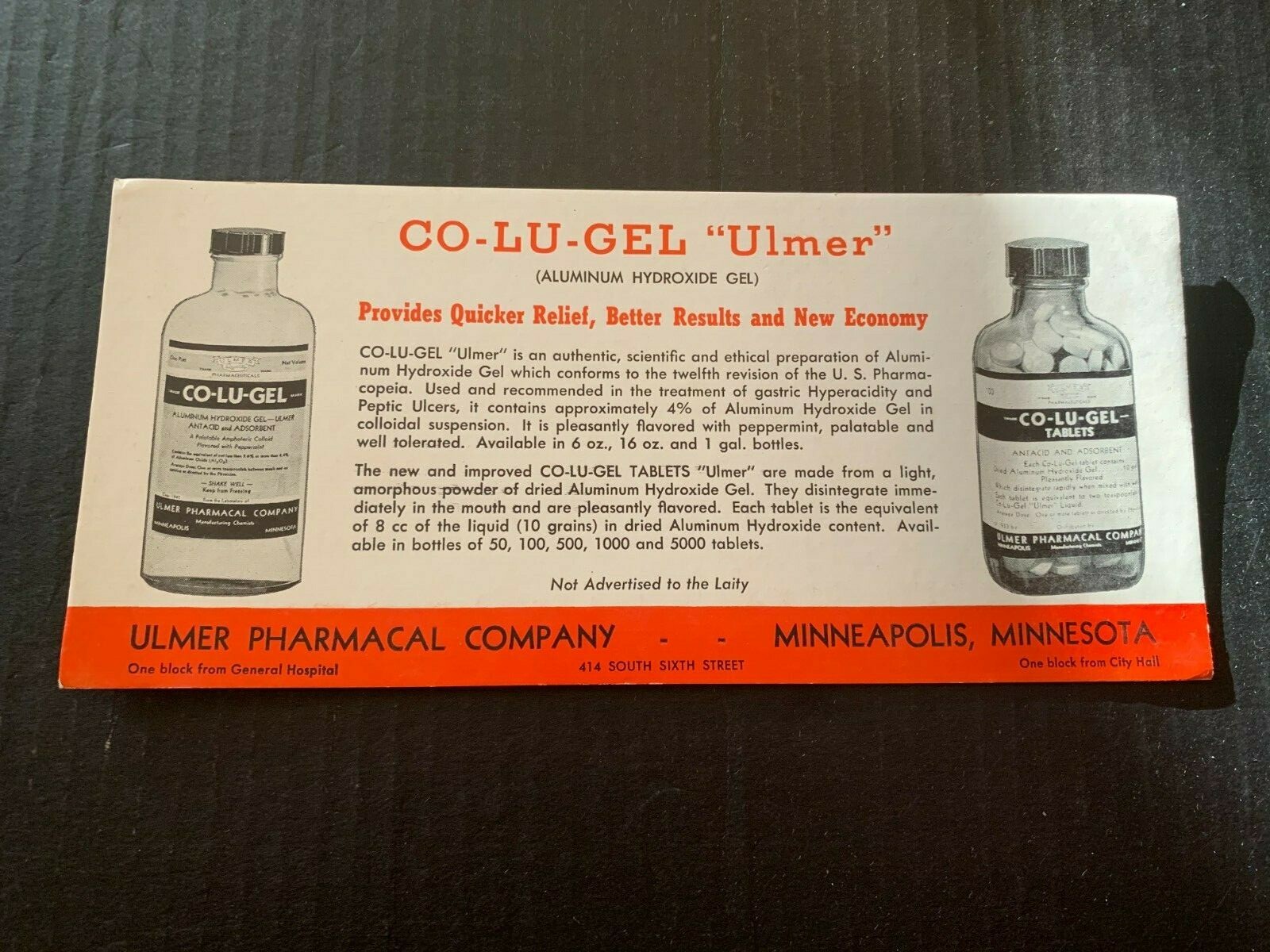 1940\'s Ulmer Pharmacal Co Co-Lu-Gel Ulmer Medicine Ink Blotter