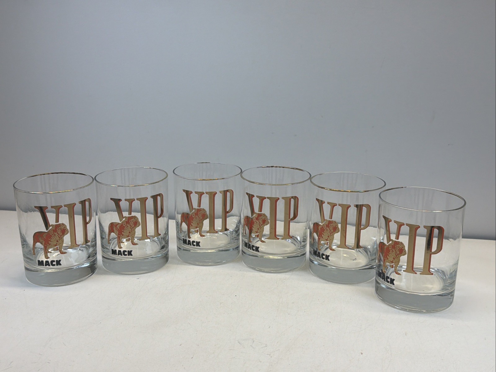 Set of 6 1960\'s /70\'s  Mack Truck VIP Bulldog Glasses Lowball Cocktail