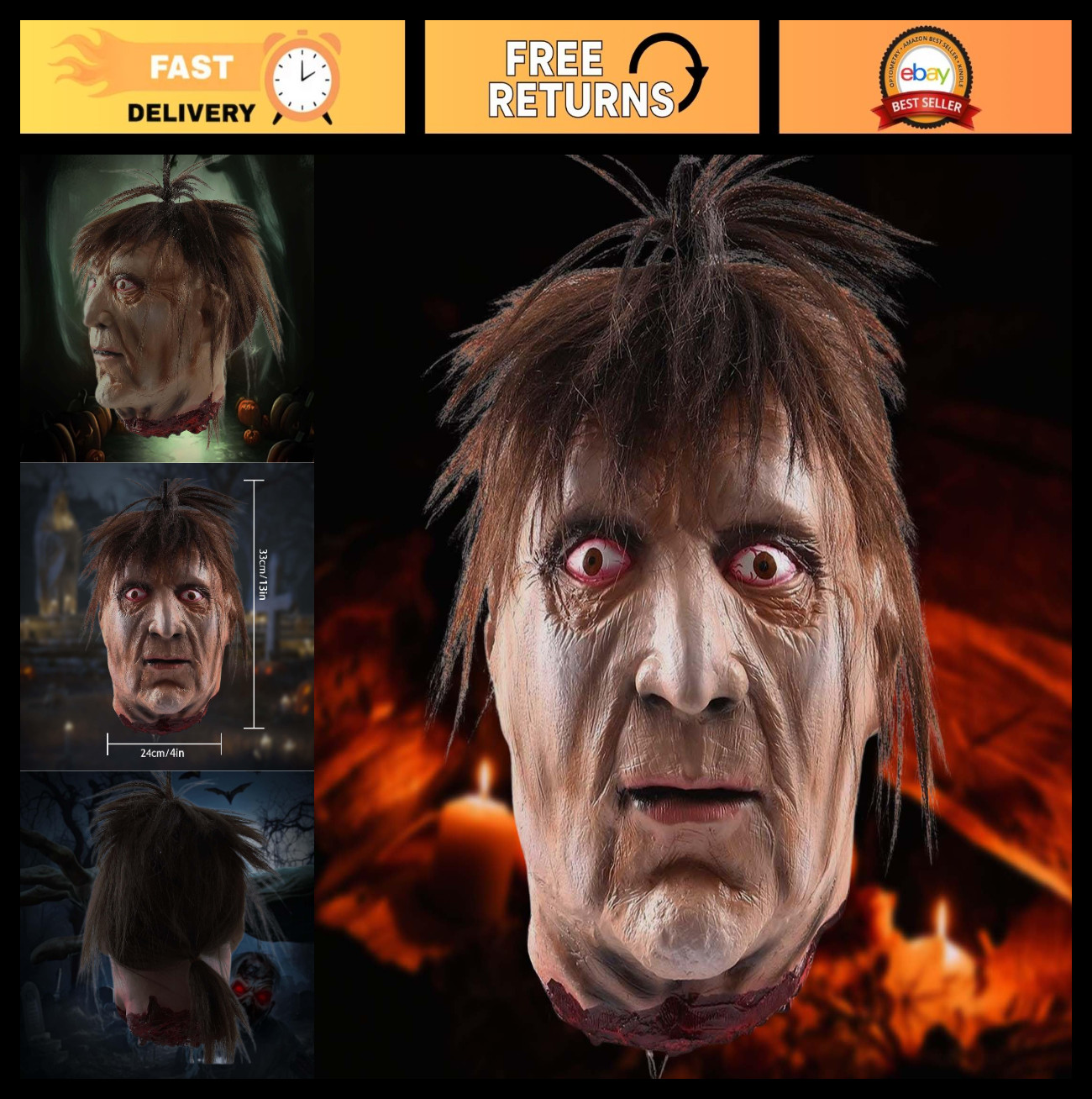 Scary Life-Size Severed Zombie Head Prop - Realistic Halloween Decoration for Ha