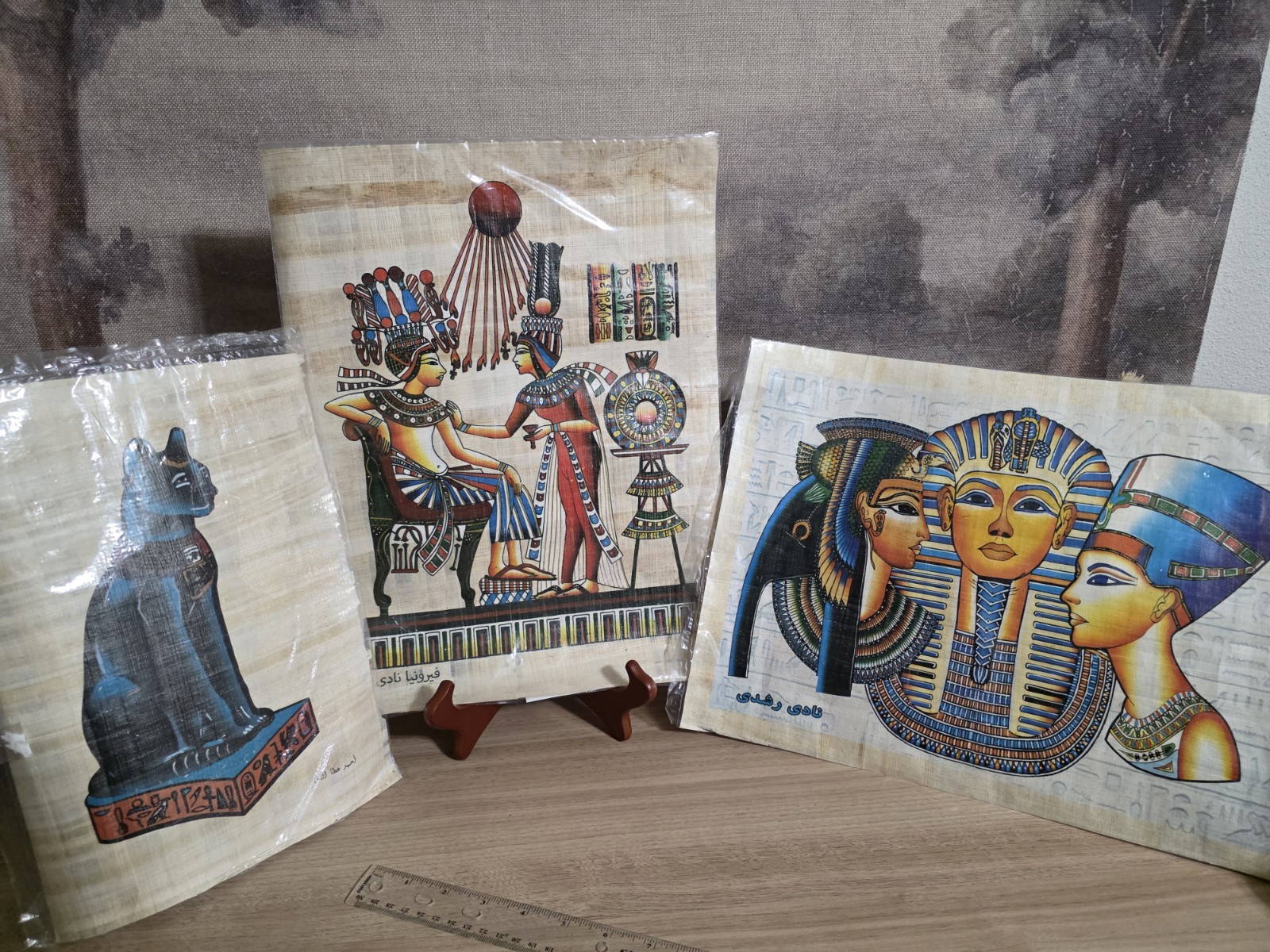 Lot of 3 Vintage Egyptian Papyrus Paintings - Bastet Cat, King Tut & Nefertiti