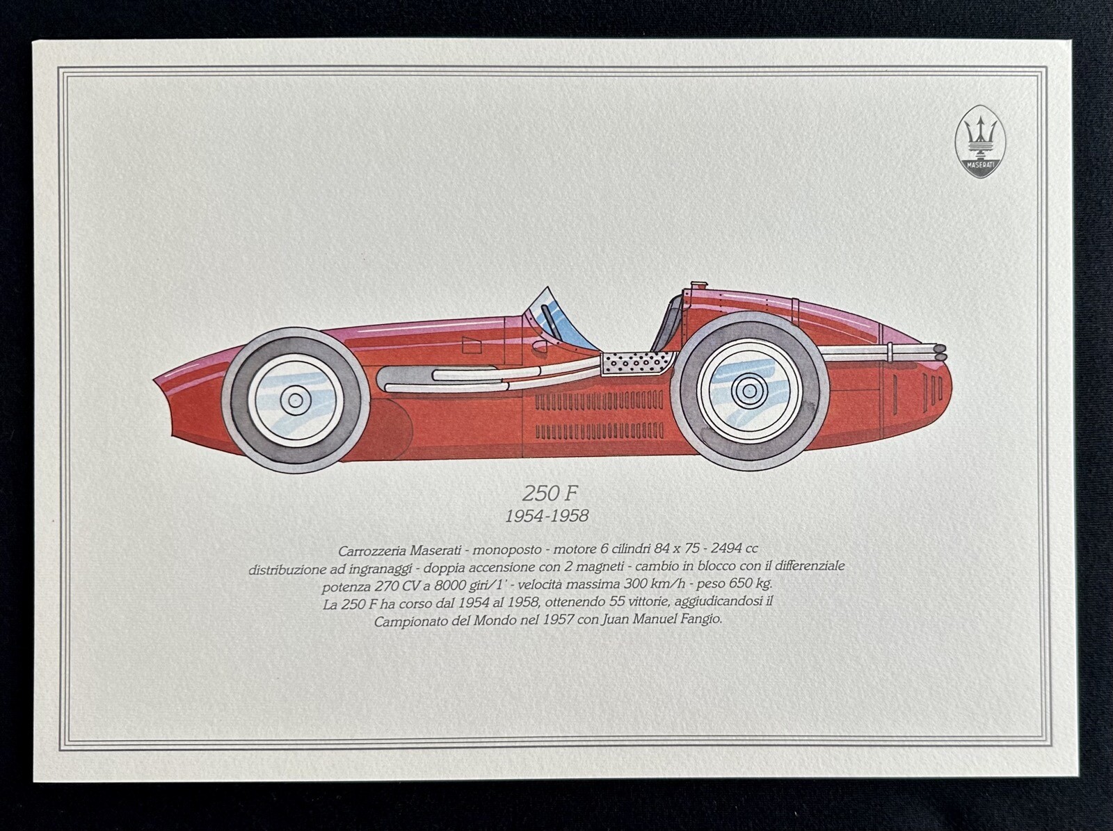 MASERATI 250 F Race Car 1954-1958 Watercolor Technical Art Print Specs Italian