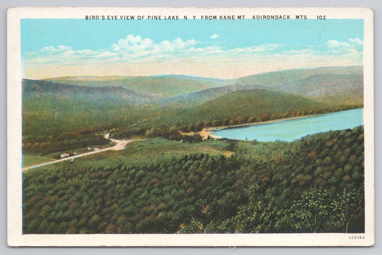Postcard BIRD\'S.EYE VIEW OF PINE LAKE. N. Y. FROM KANE MT. ADIRONDACK, MTS.