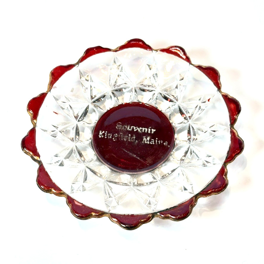 KINGFIELD ME MAINE ANTIQUE Souvenir RED RUBY CUT GLASS  TRINKET PLATE DISH