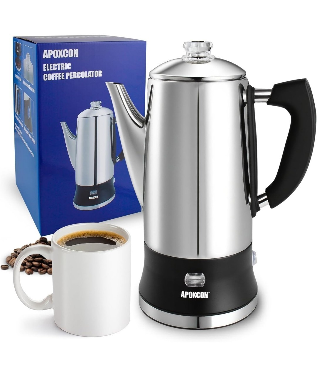 APOXCON Electric Coffee Percolator 1.8L 950W Stainless Steel Keep Warm New