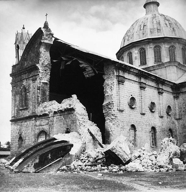 The ruined Immaculate Church where a wall has collapsed after Lady- Old Photo