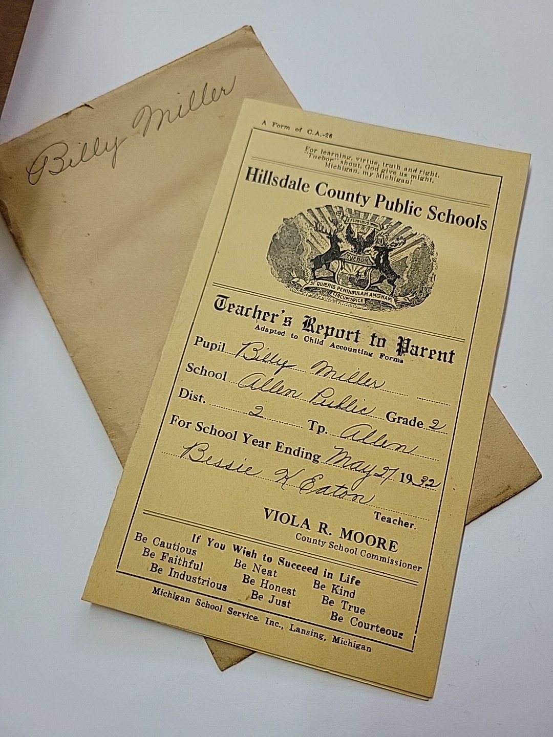 Antique TEACHER\'S Report to Parents School Report Card. 1932 Allen MI 