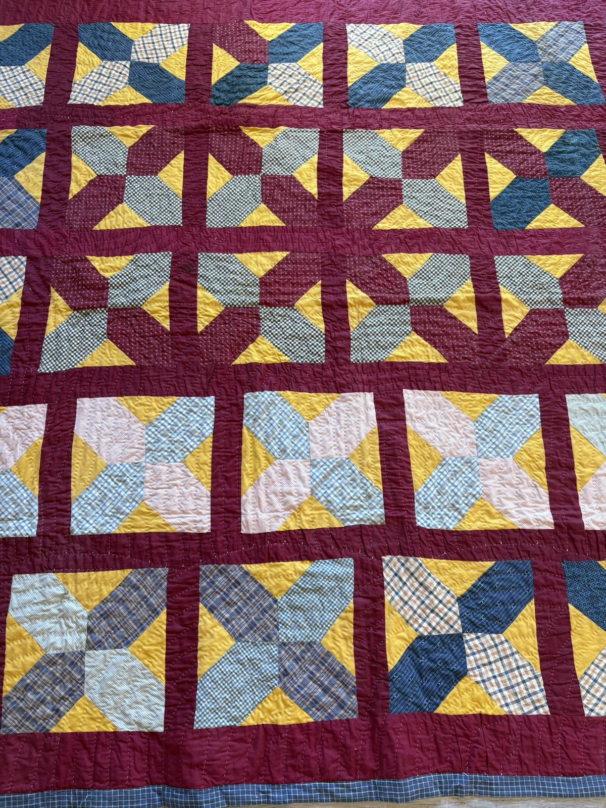 Antique 1890-1910 Patchwork Quilt Scrap Primitive Stored Unused Indigo Cheddar