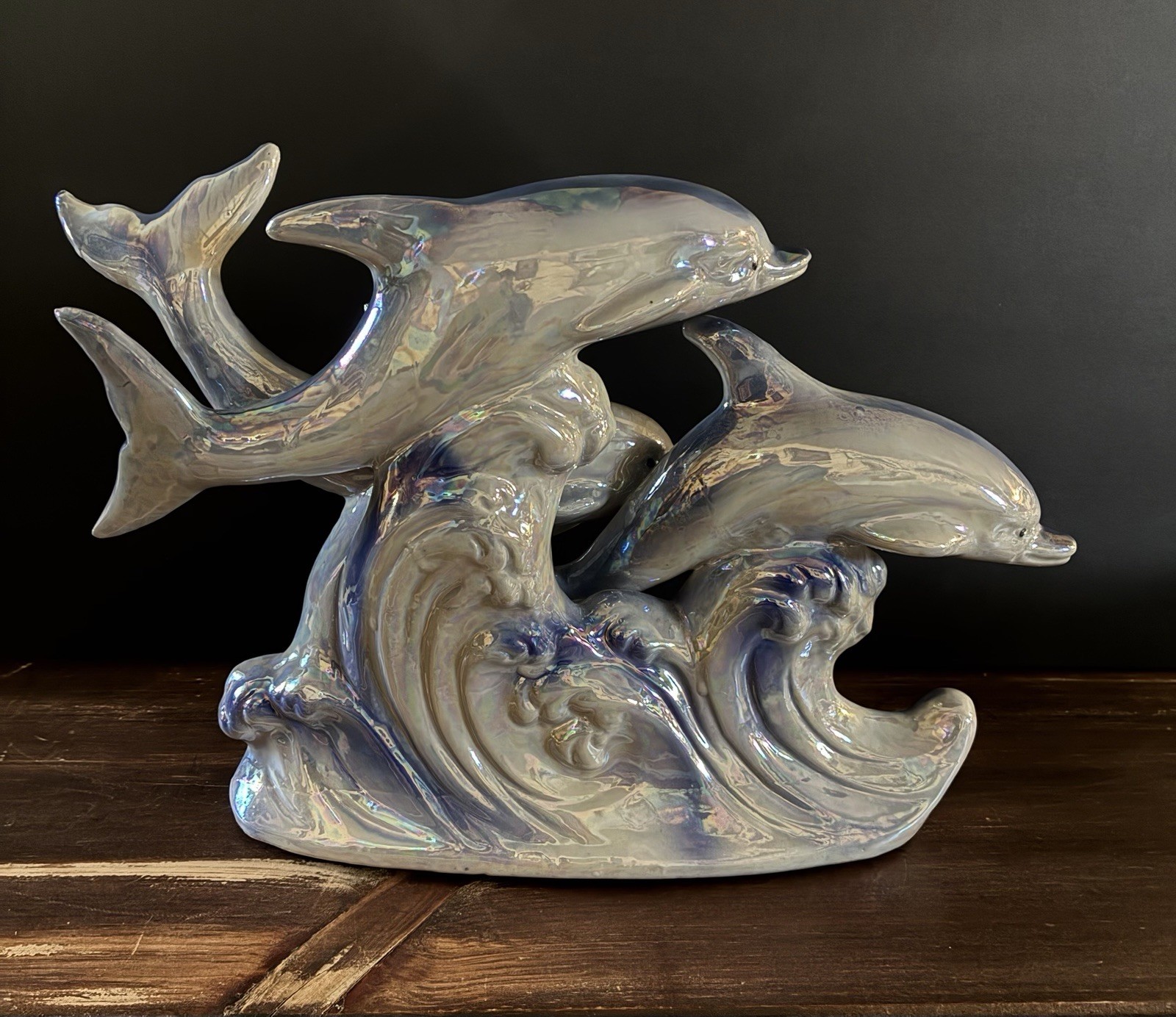 Vintage 1980s Iridescent Ceramic Dolphin Trio Figurine Ocean Wave Statue Large