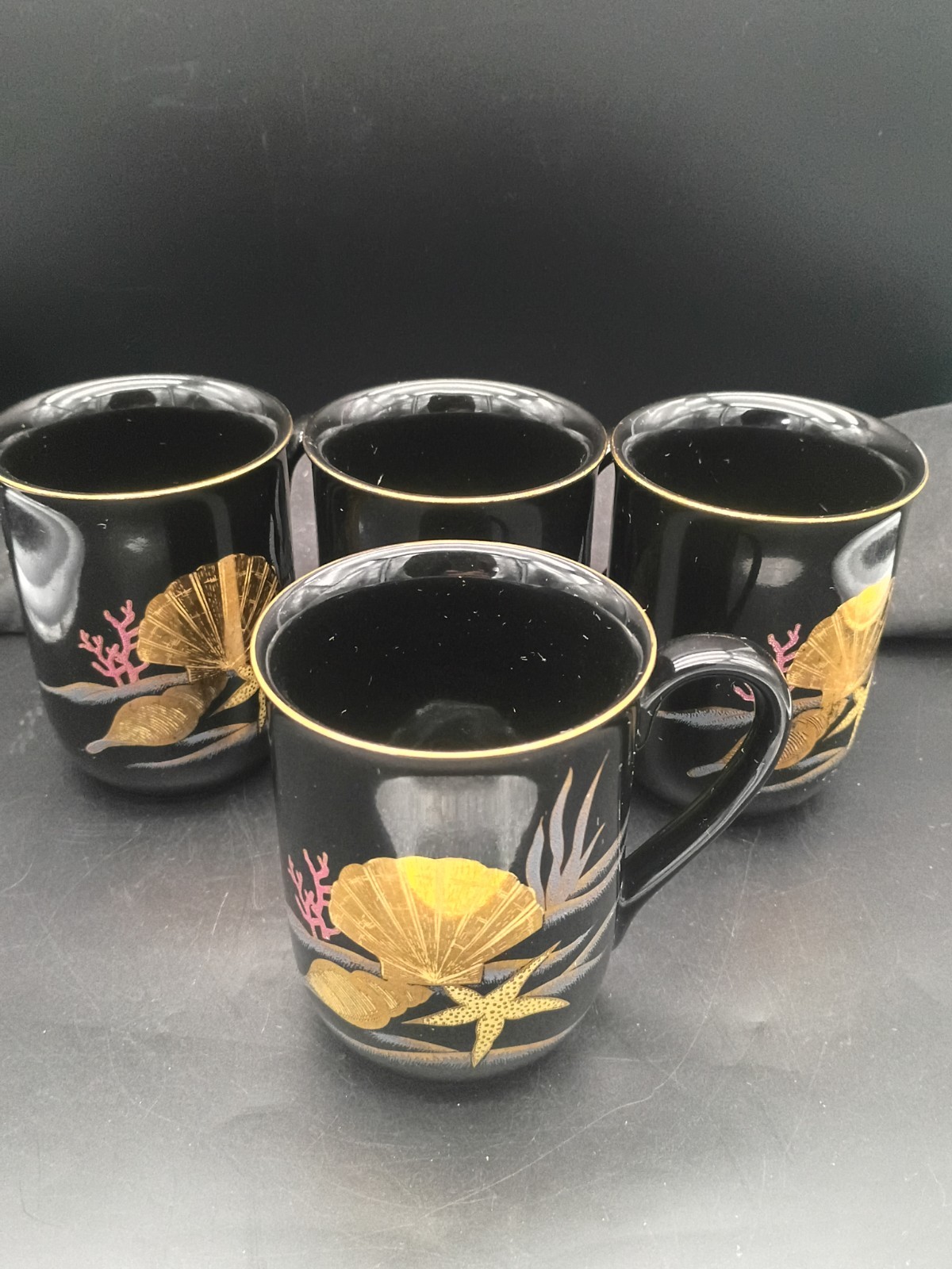 Vintage Otagiri Japan Black Gold Seashell Starfish Mugs Set of 4 Nautical- 22K
