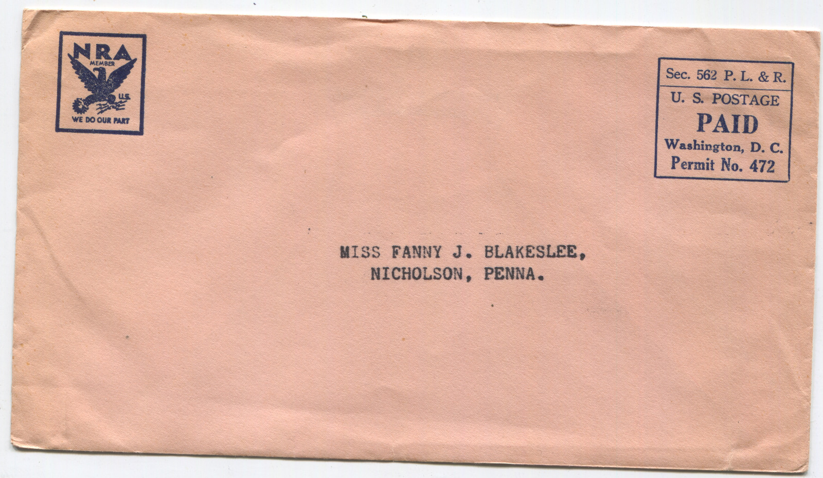 1930s NRA “We Do Our Part” Permit Cover Washington DC New Deal Era