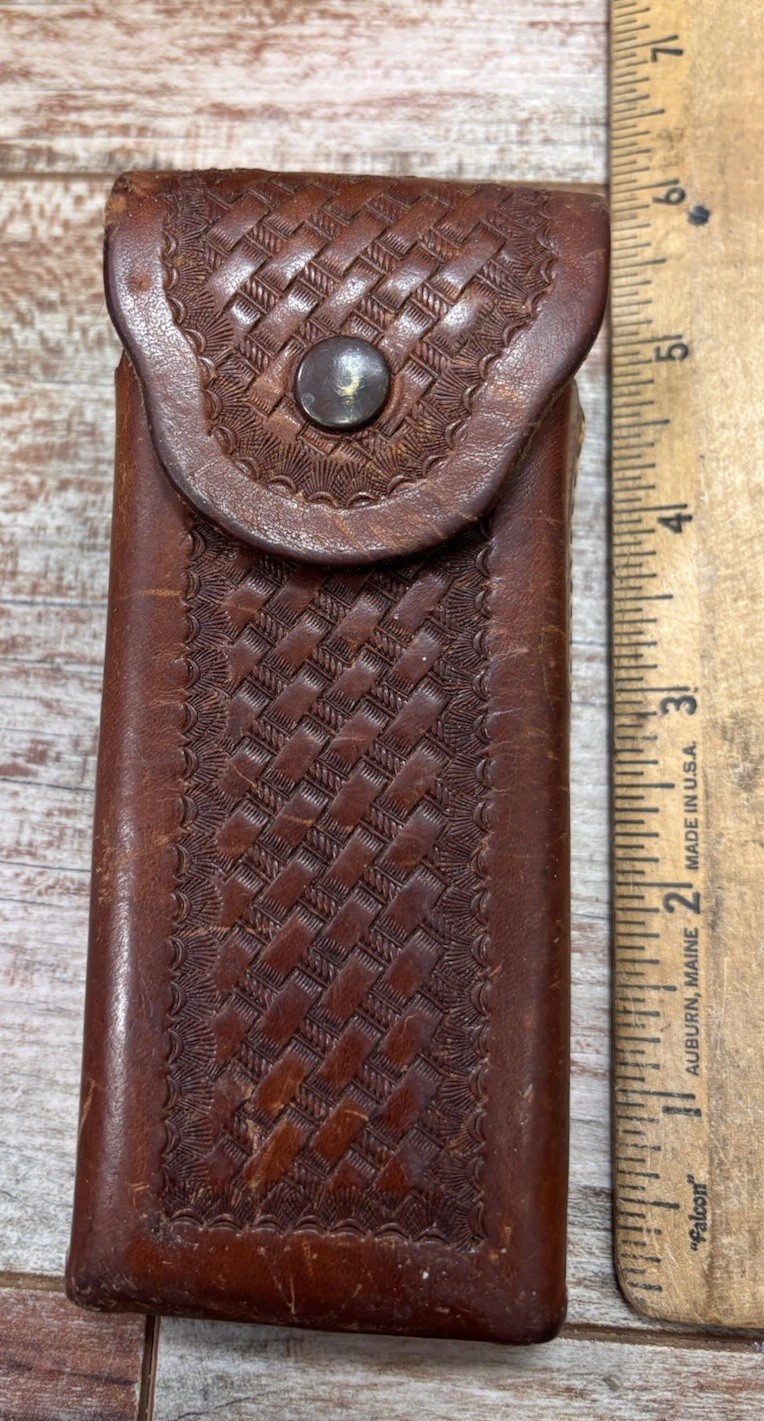 Vintage Heiser Denver Brown Leather Basketweave Knife Sheath Snap Close 6”
