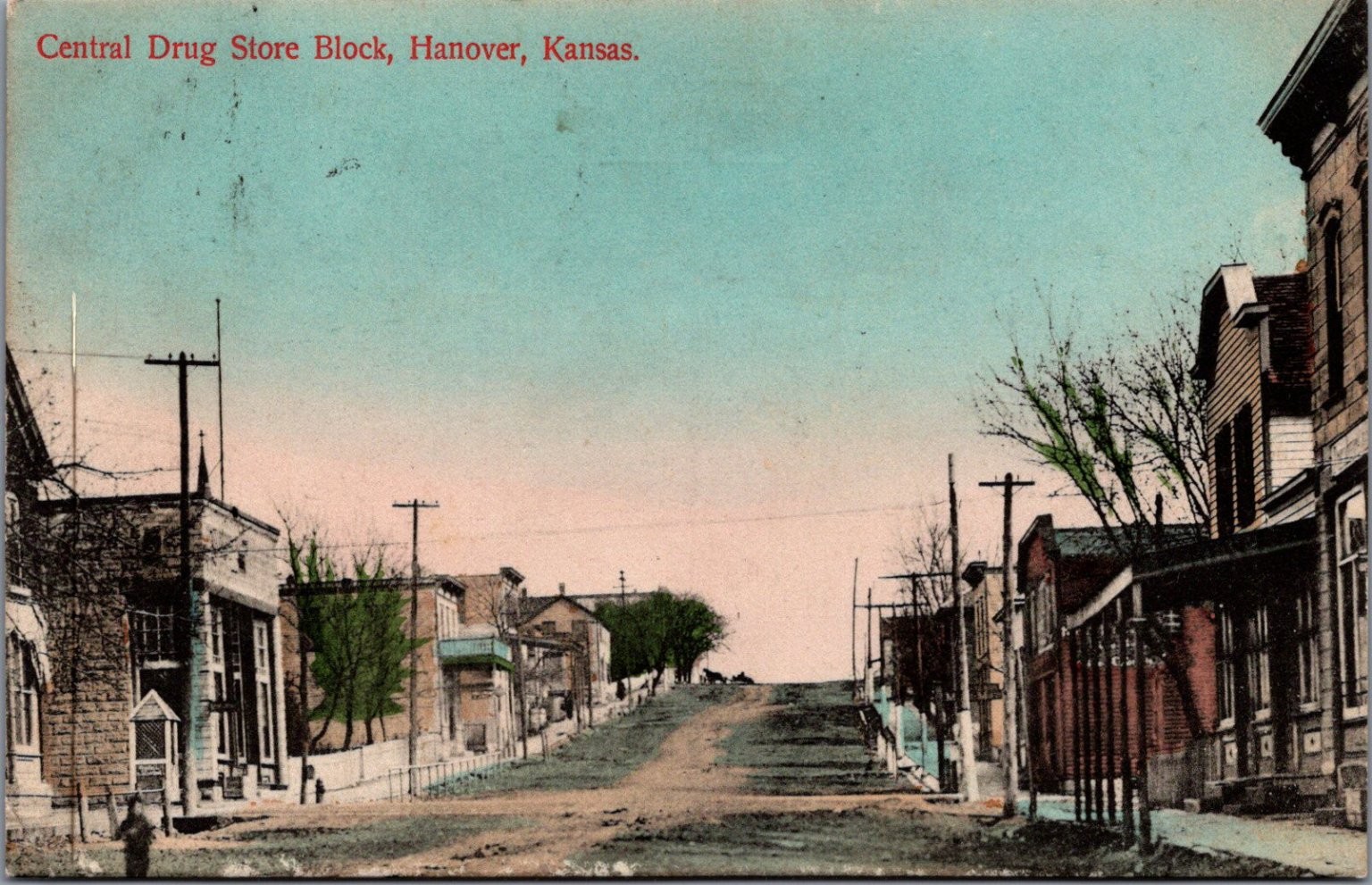 1910 Hanover Kansas Central Drug Store Block Street Scene Postcard