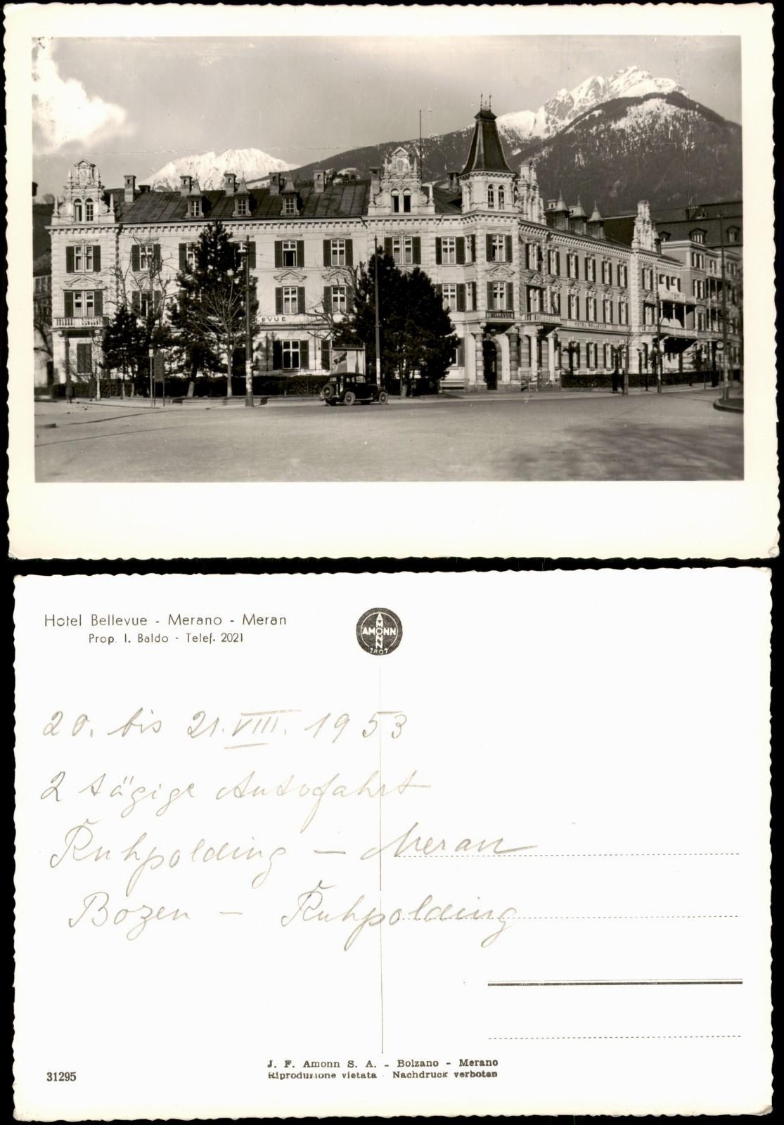 Cartolina Merano Merano Hotel Bellevue 1953