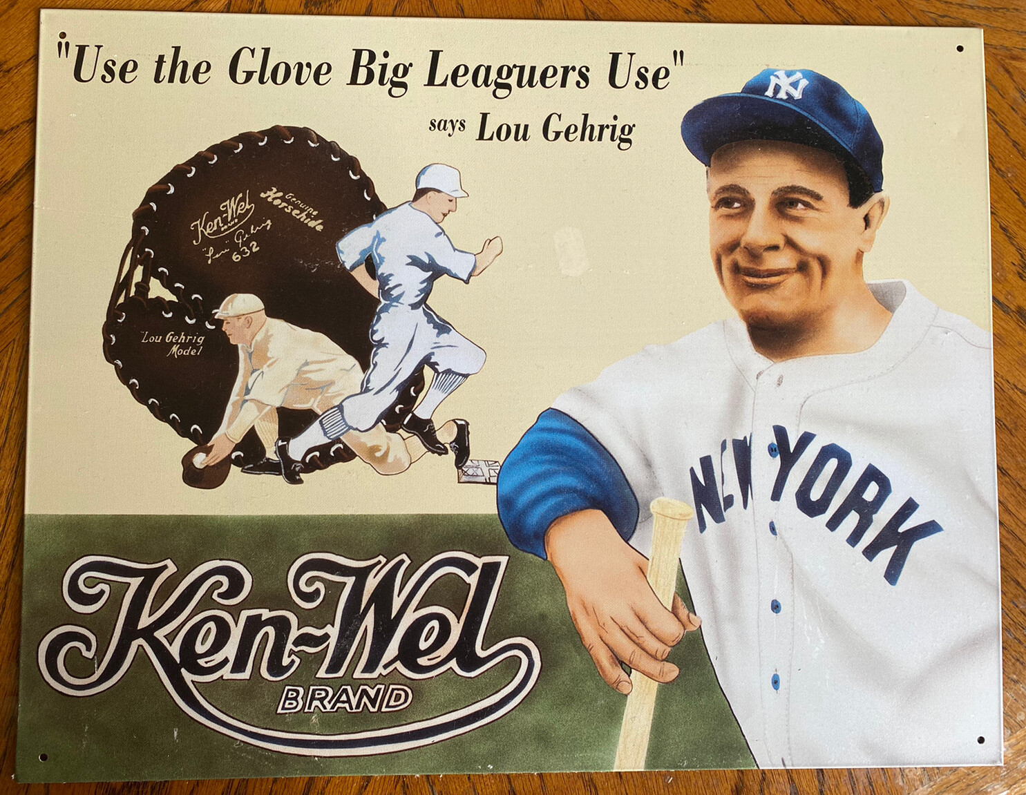 Lou Gehrig Yankees HOFr Tin Ken-Wel Brand Ad 16 x12