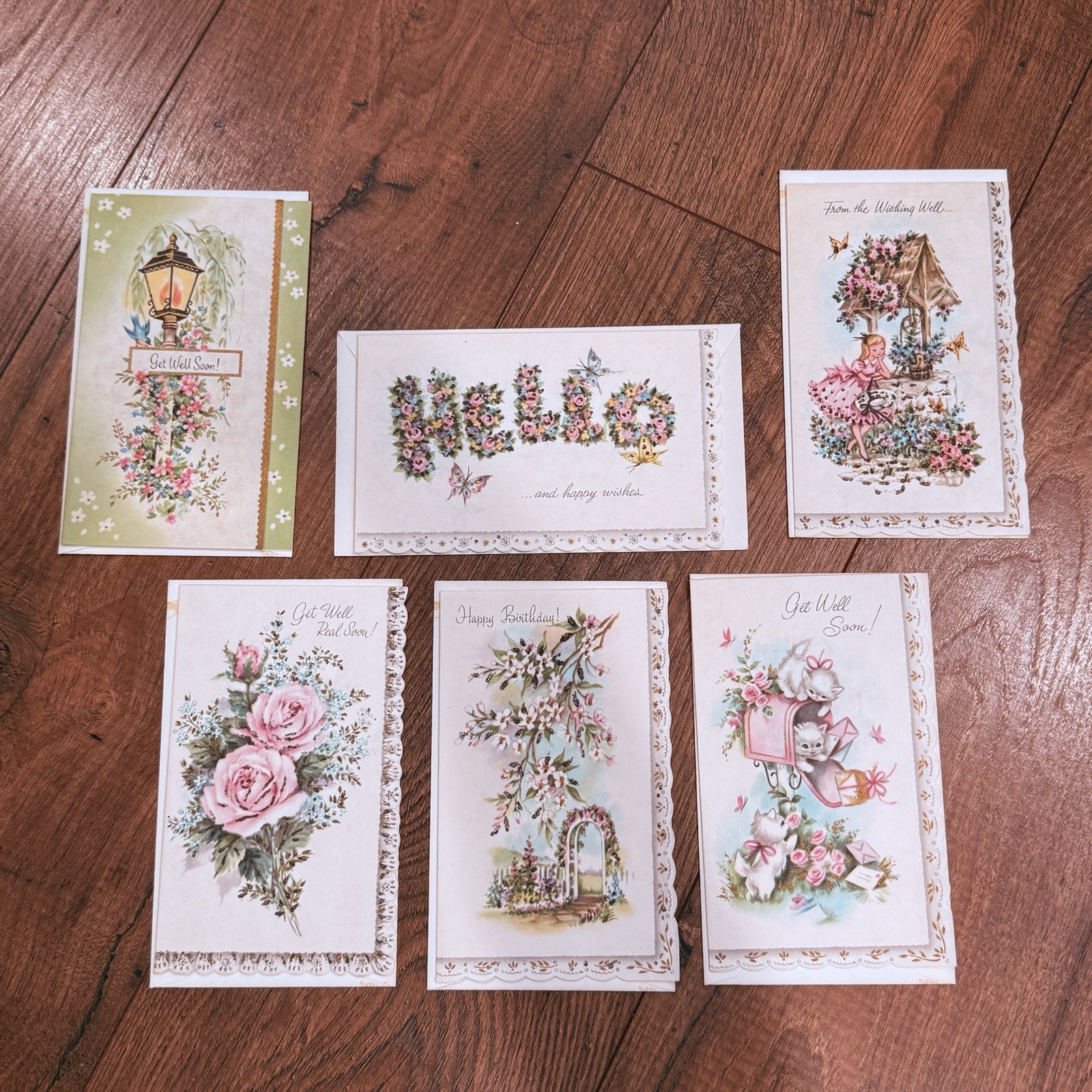 Lot 6 Vintage Birthday Get Well Cards Glitter Girl Kittens Baby Unused Envelopes