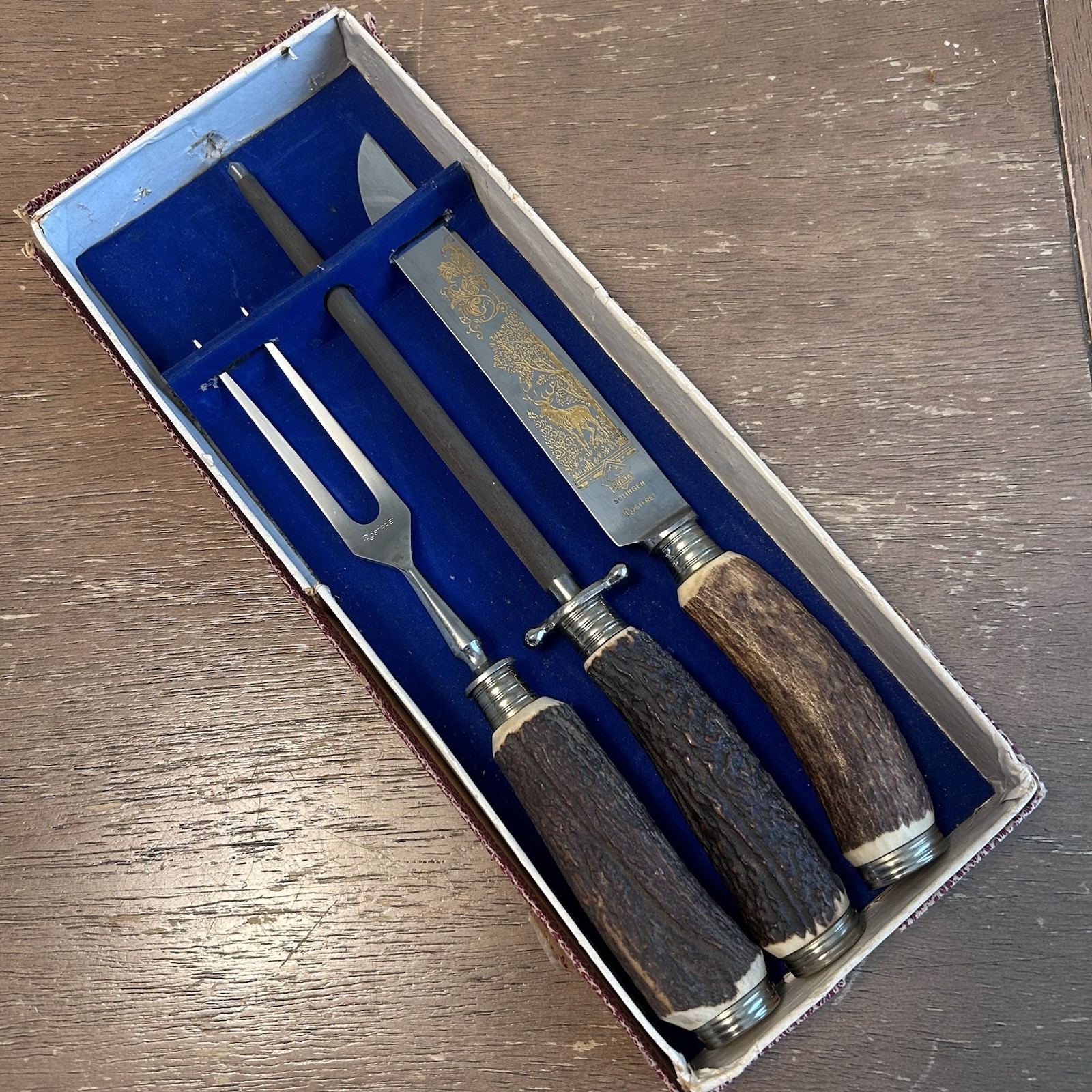 Vintage Puma Solingen Rostfrei 3 Pc. Carving Set Etched Blade 1950s Stag Handles