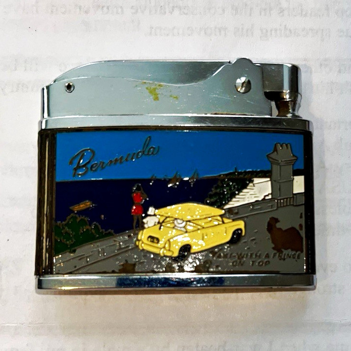 Vintage 1960s Bermuda Lite Cigarette Lighter Silver with Blue Enamel Design