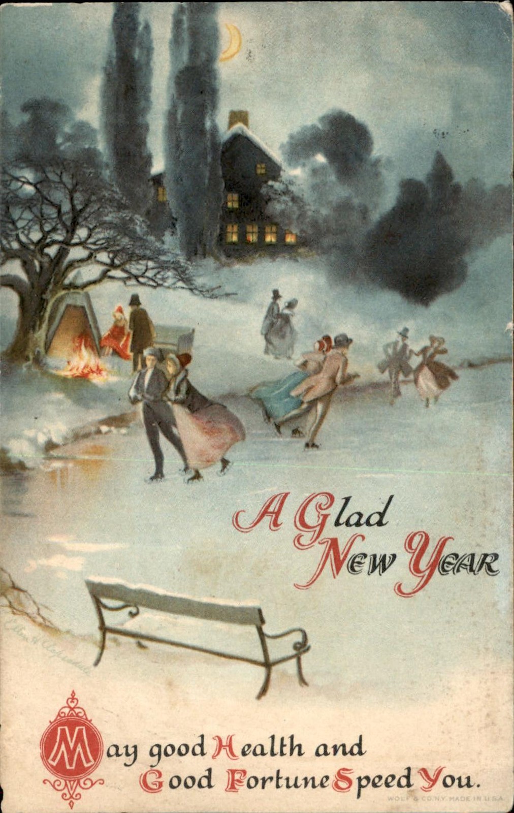 New Year's Ice Skaters by Cottage Winter Scene c1910s-20s Vintage Postcard