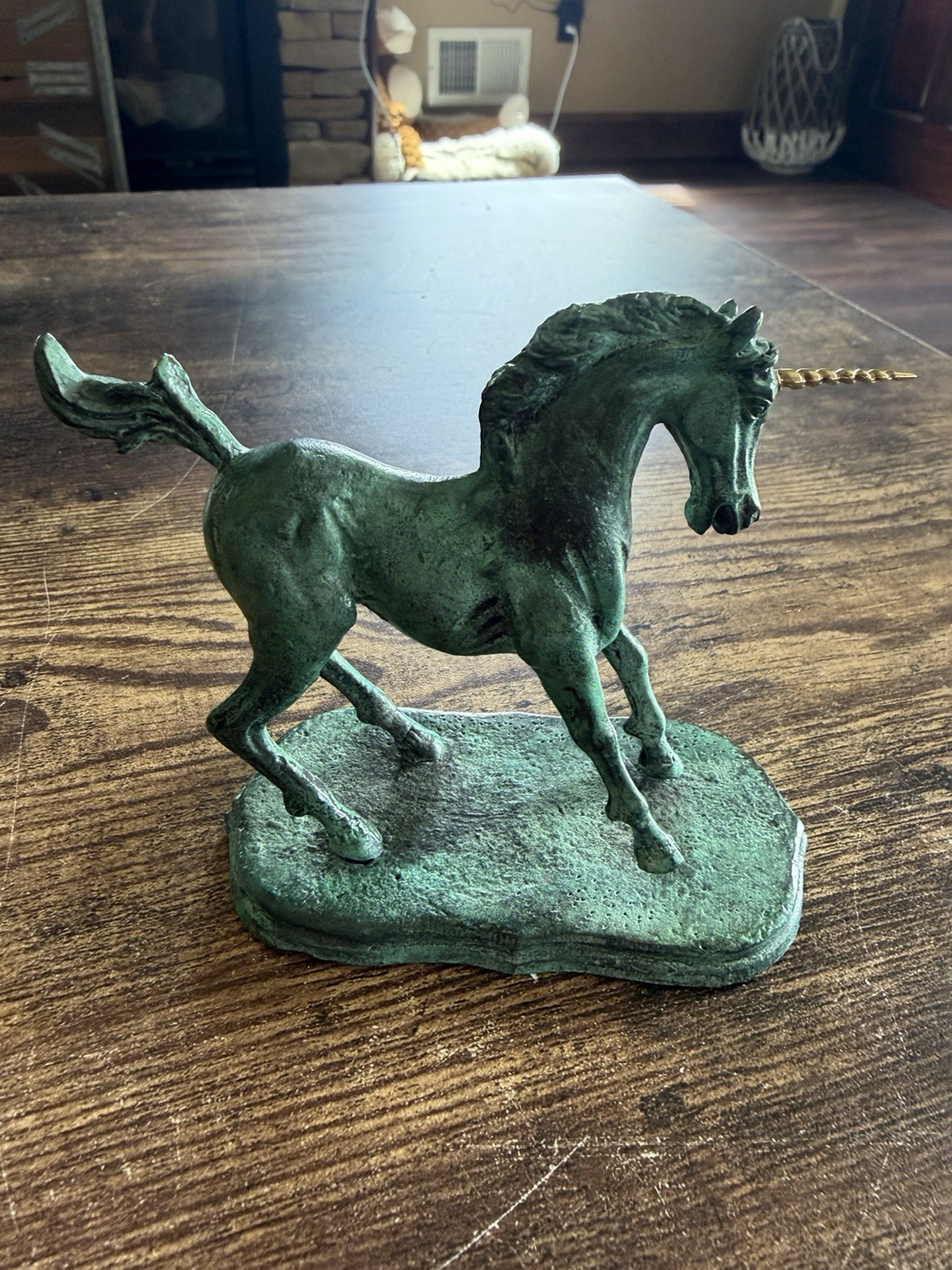 Franklin Mint Mystic Bronze Unicorn Verdigris Petina, Gold Colored Horn 1991