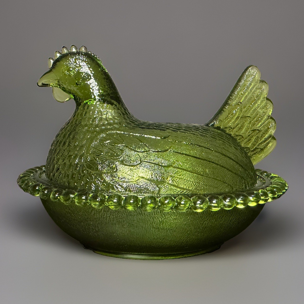 Vintage Indiana Glass Olive Green Hen on Nest Dish Beaded Rim