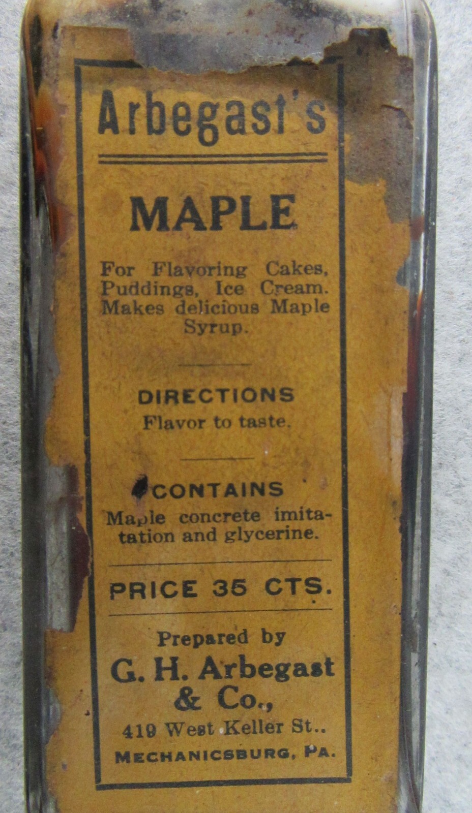 Antique G.H. Arbegast Arbegast\'s Maple Flavoring Food Bottle Mechanicsburg Pa