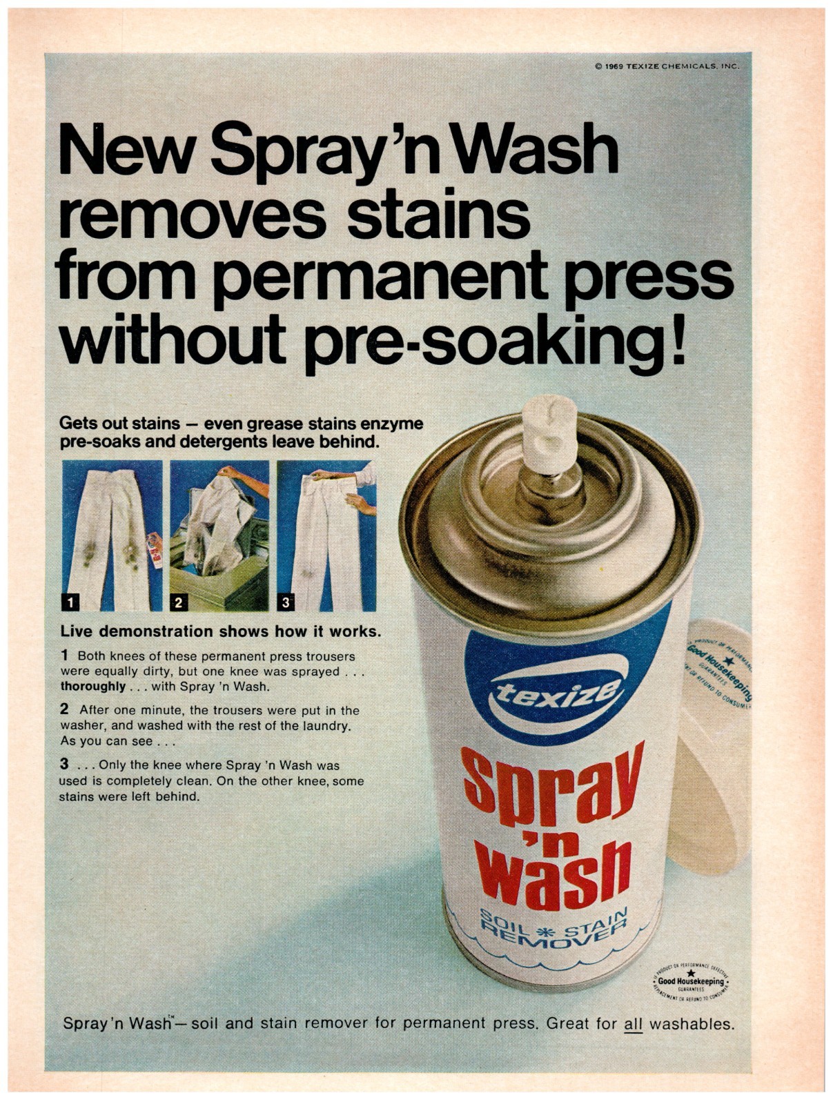 1969 PRINT AD, Texize Spray \'n Wash Permanent Press Laundry Stain Spray 60\'s Ad