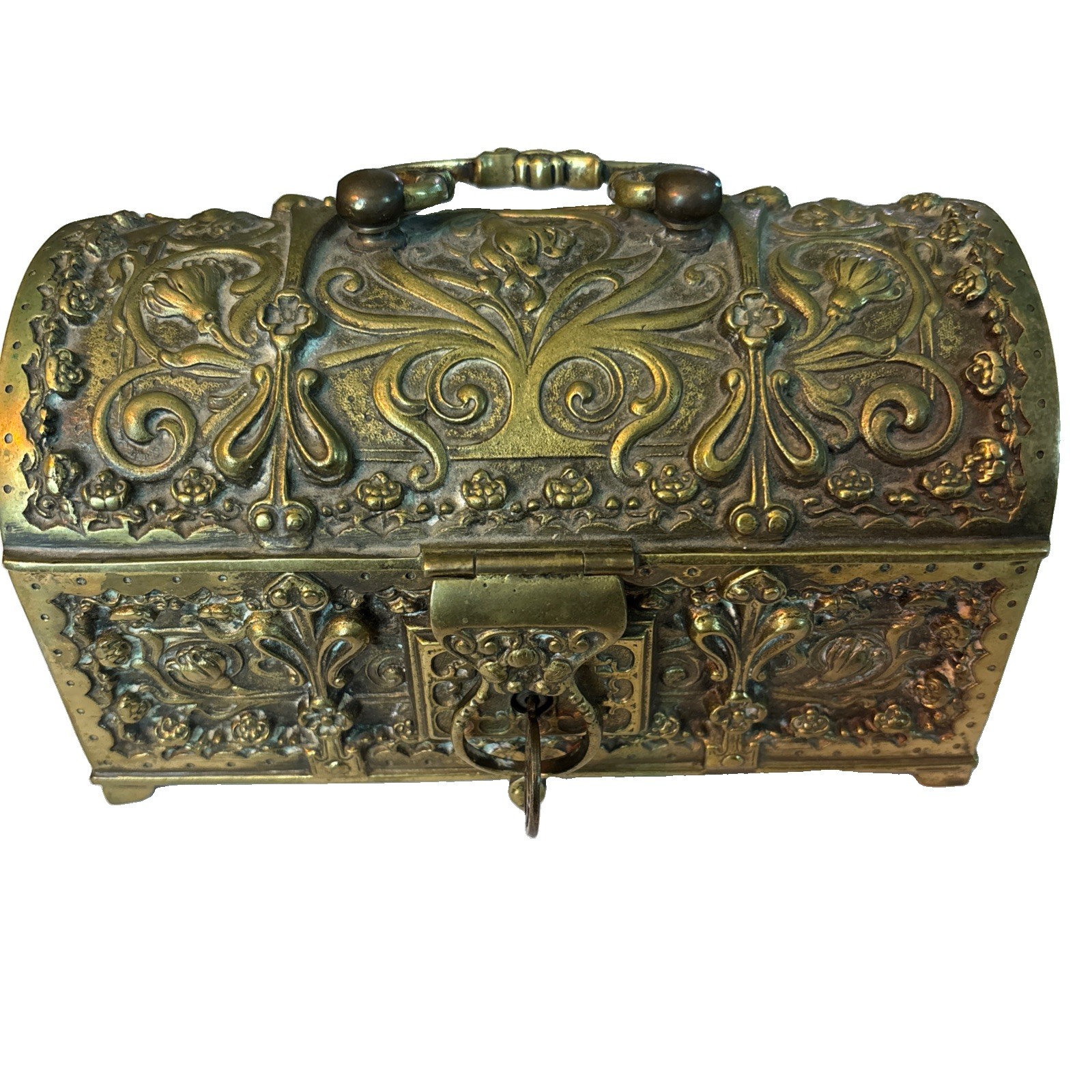 Antique Erhard & Sohne Art Nouveau Brass Jewelry Box /Casket with Original Key