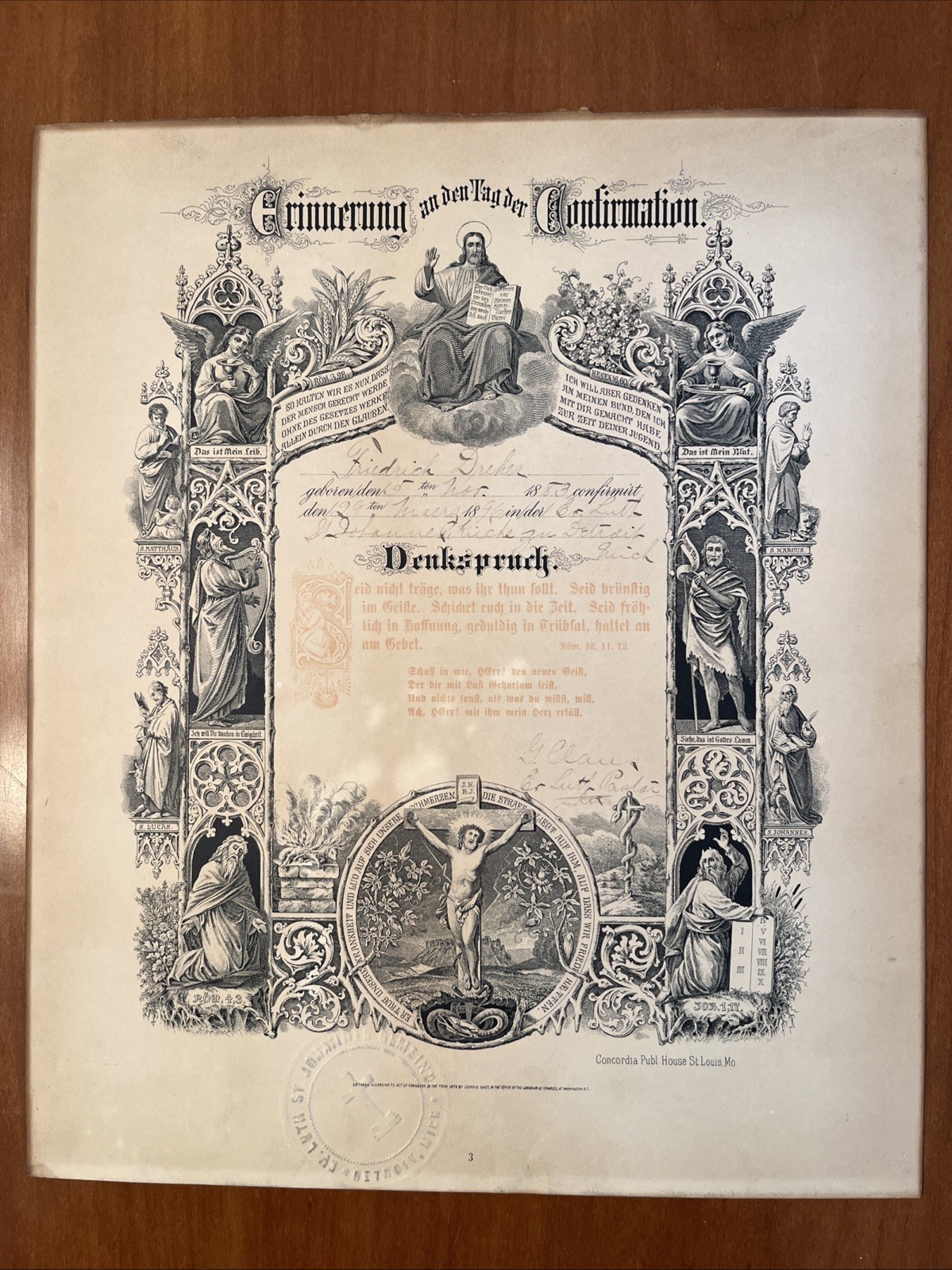 German Confirmation Cert 1883 1896 Antique St Johannes Gemeinde Luth Detroit MI