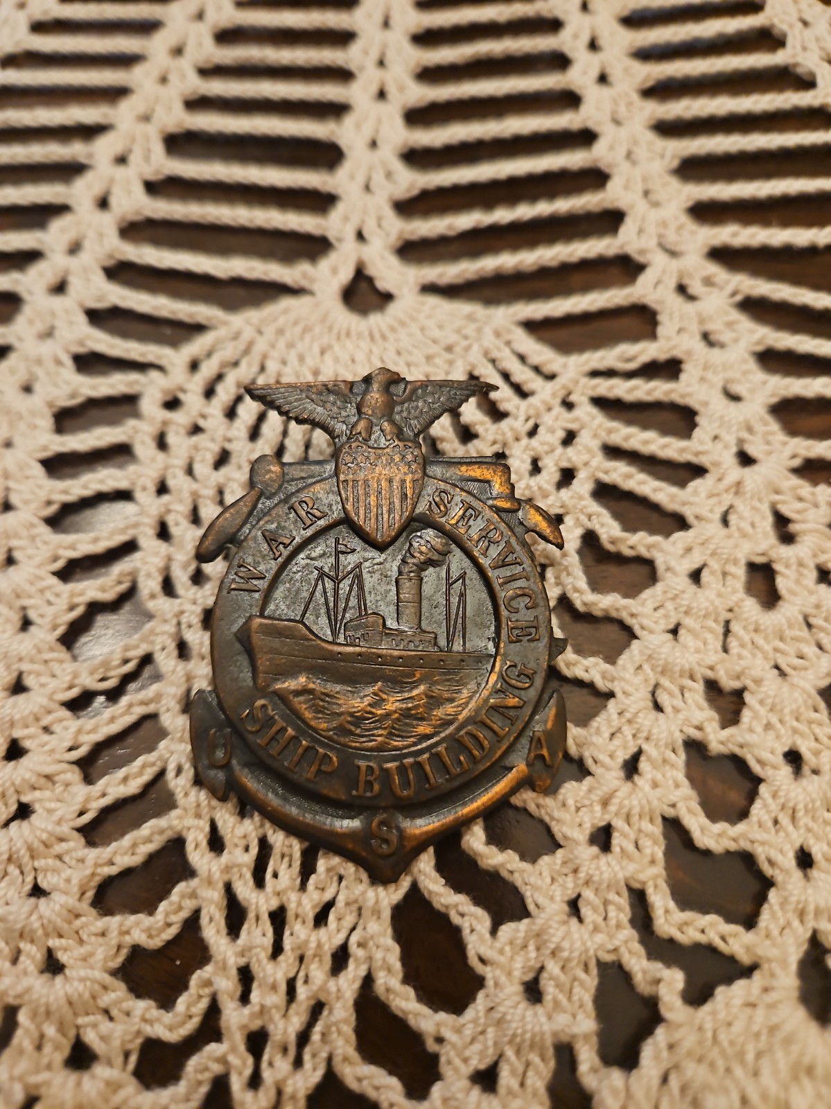 WWI US War Service Ship Building Worker's Badge with Eagle and Shield Numbered