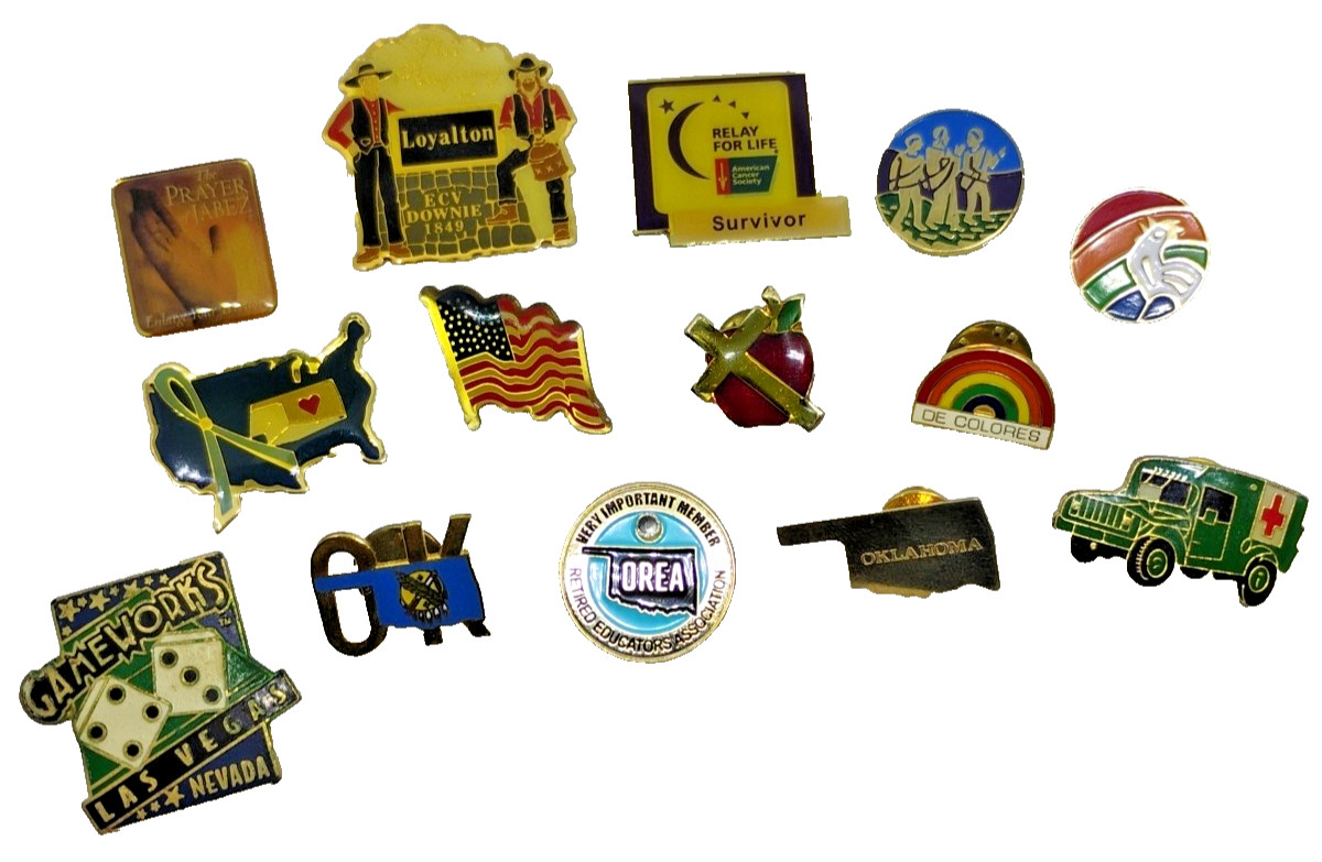 Lot Of 14 Vintage Pinback Hat Lapel Pins Various Themes