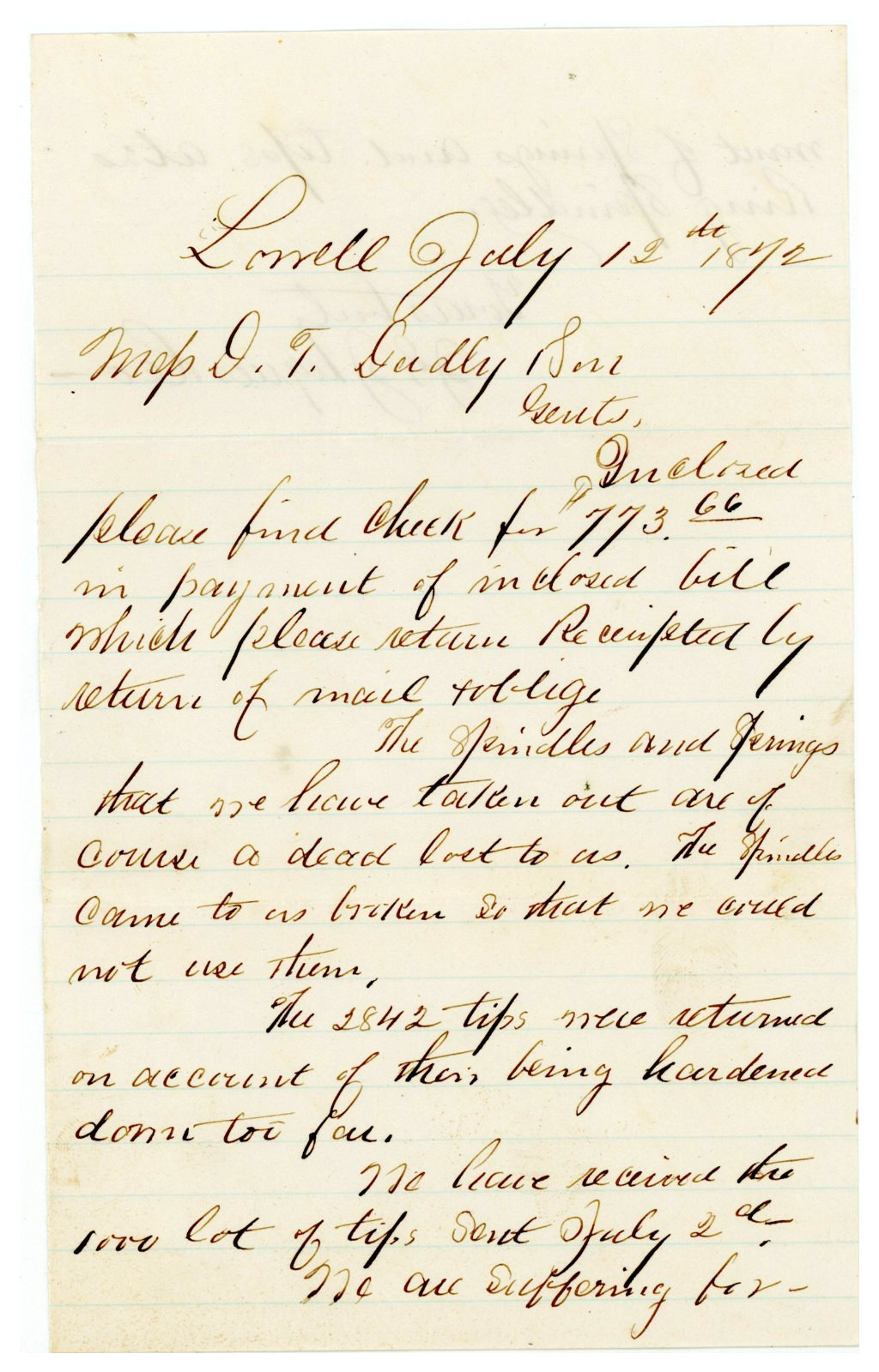1872 Lowell MA Letter D.T. Dudley & Son Complaint About Broken Spindles & Tips