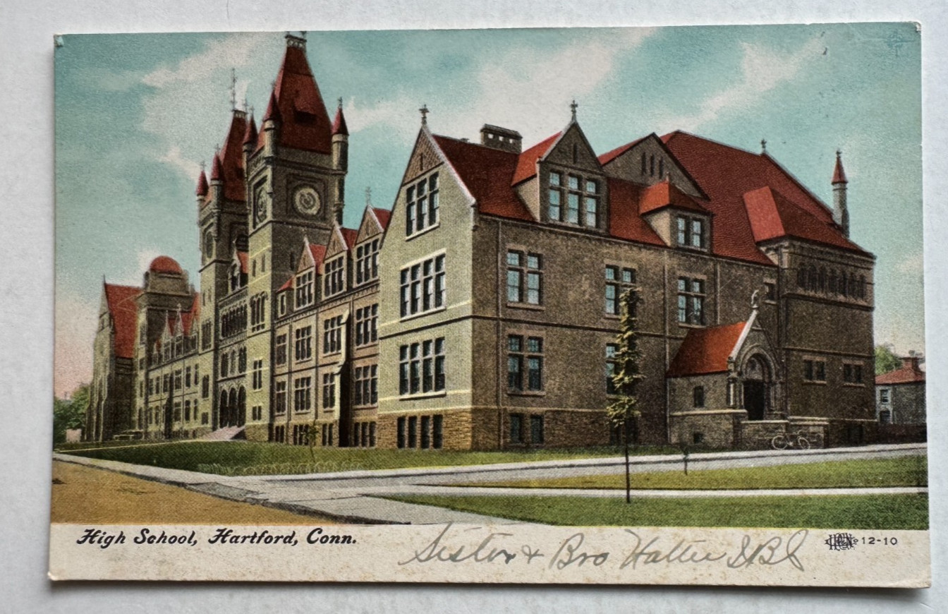 ca 1900s CT Postcard Hartford Connecticut High School building street view