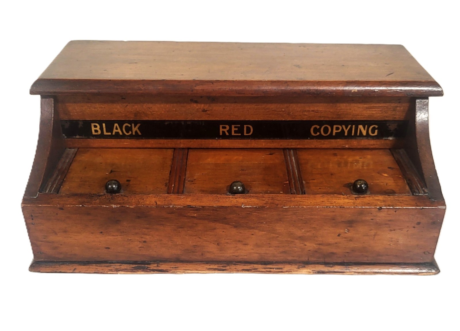 Antique ENGLISH 19th C Mahogany & Reverse Painted Glass 3 Bottle Desk INKWELL