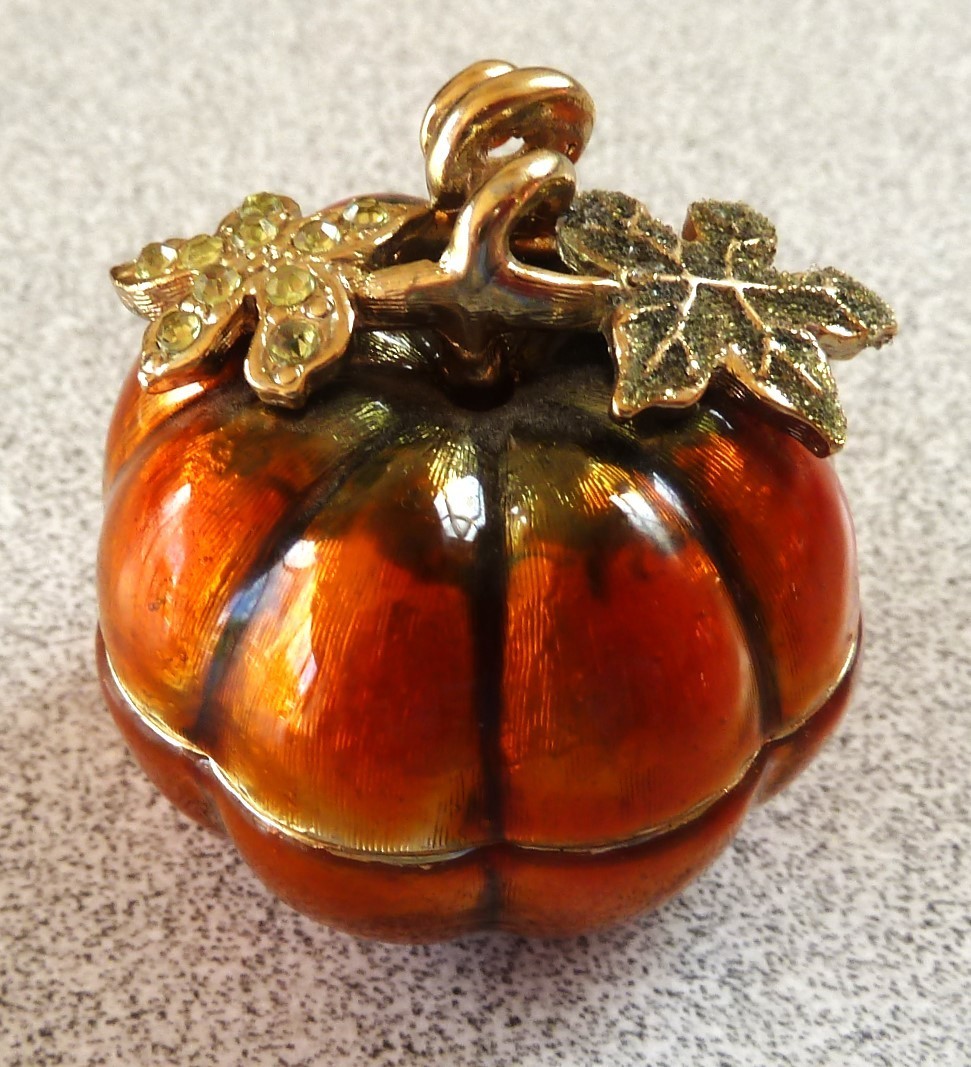 Vtg. Monet Orange Pumpkin Enameled Jeweled Trinket Box