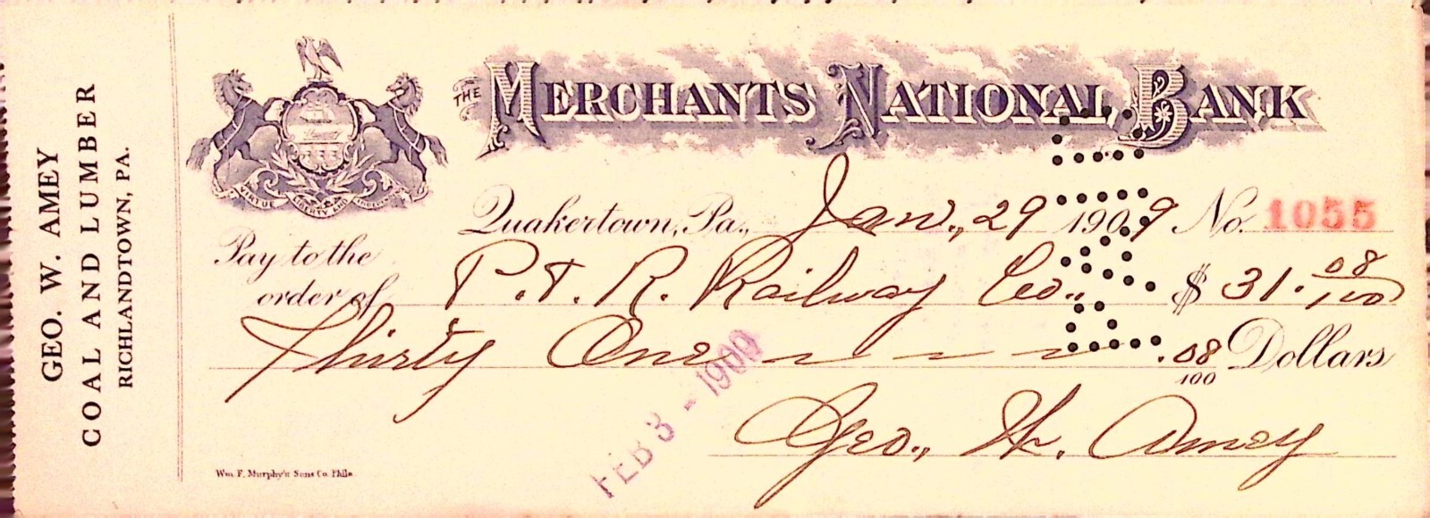 1909 Merchants National Bank Quakertown PA P&R Railway Co Bank Check