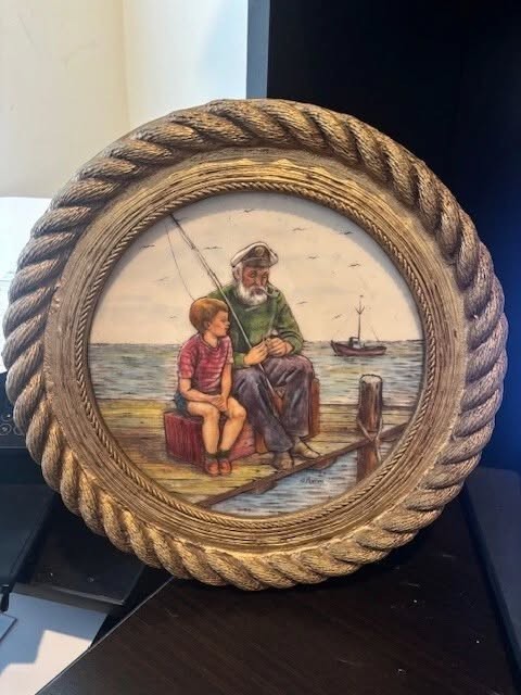 VINTAGE 1970's SCULPTURED ARTINI ENGRAVING HandPainted SIGNED NUMBERED FISHEMAN