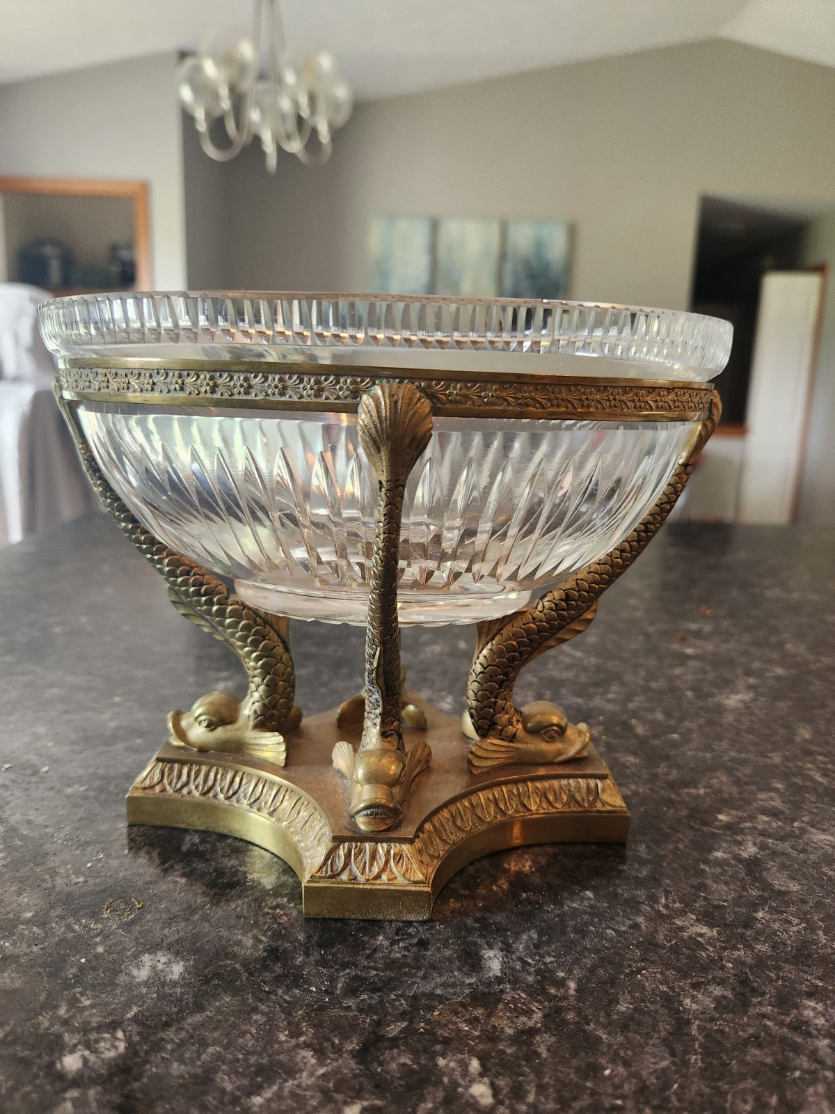 19 C Antique French Crystal Bowl on Bronze Dolphin Koi Fish Pedestal Centerpiece