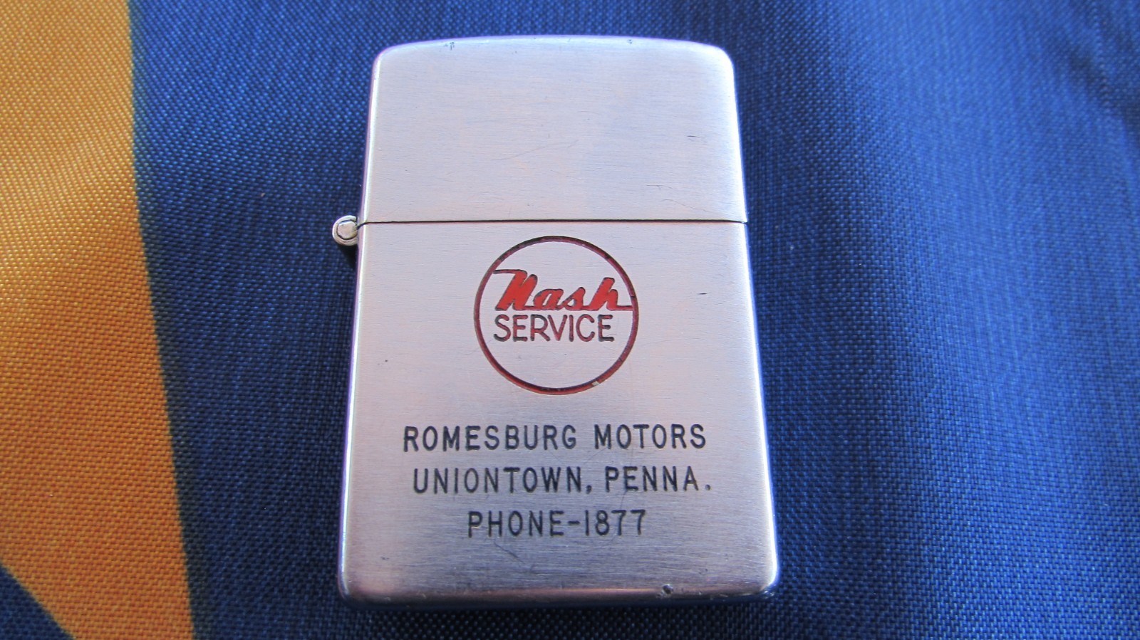 1946-47 NASH SERVICE ROMESBURG, PA. 3 BARREL HINGE NICKEL INSERT ZIPPO LIGHTER
