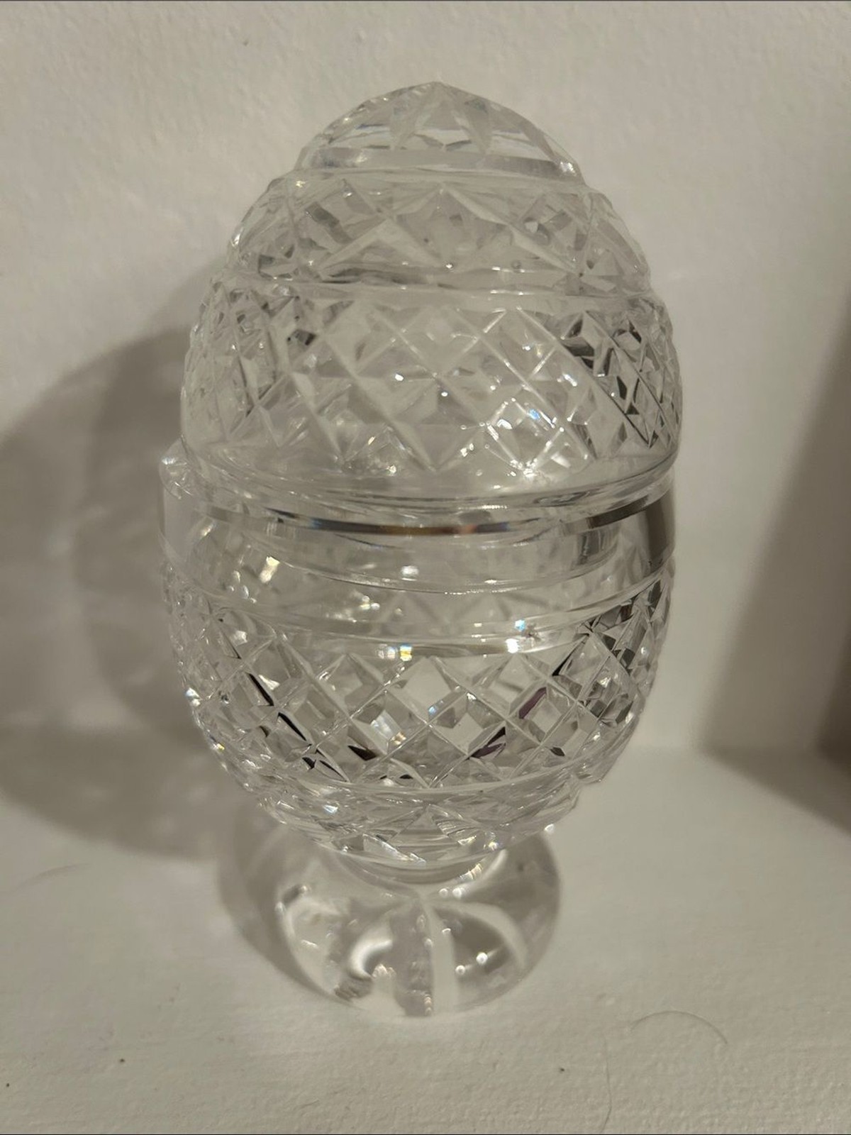 Waterford Crystal Covered Pedestal Jar Egg Shape Diamond Cut Candy Trinket Dish
