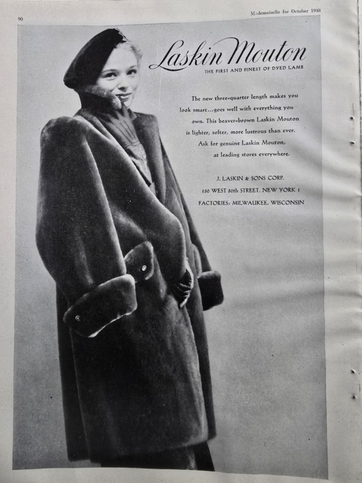 1948 Women\'s Laskin Mouton Dyed Lamb Fur Coat Vintage Fashion Ad 