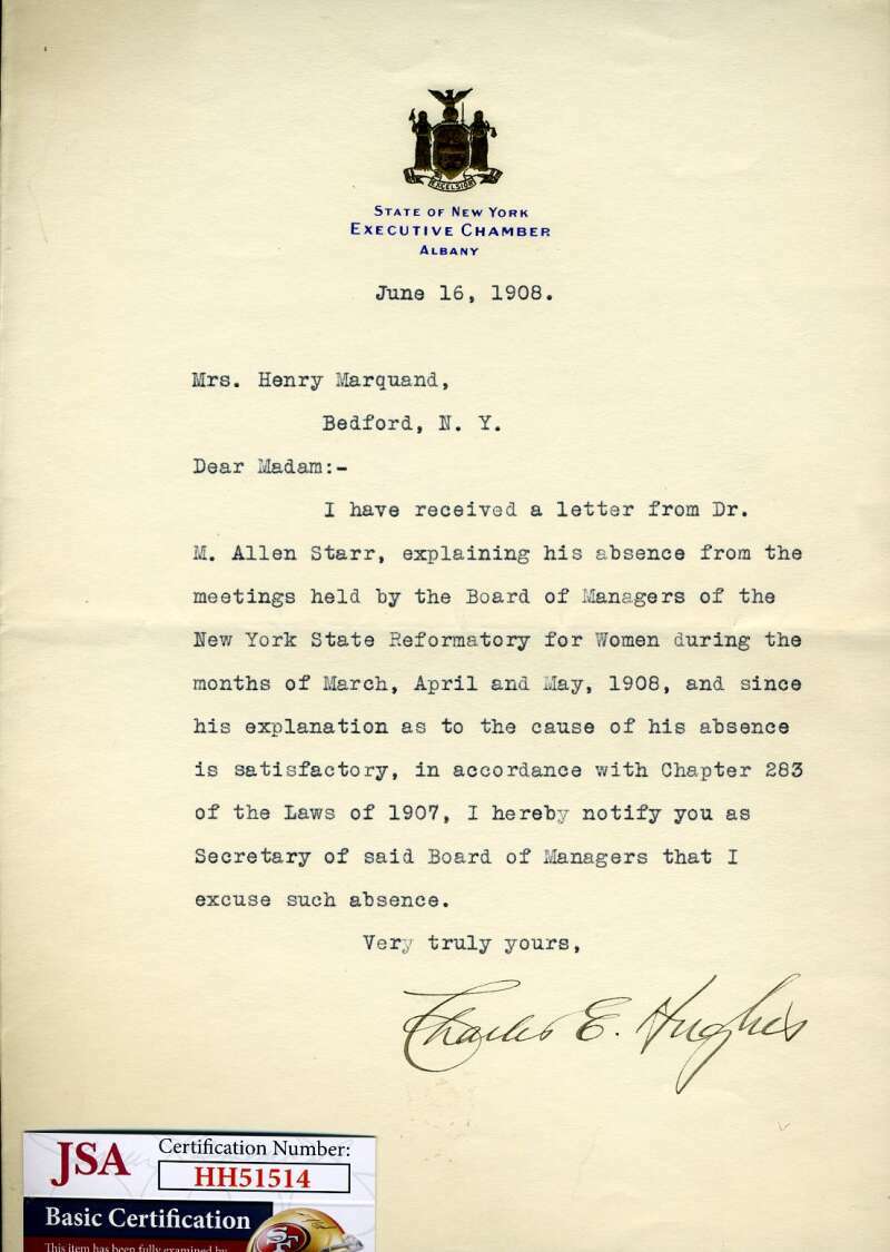 Judge Charles Evans Hughes JSA Coa Hand Signed 1908 Letter Supreme Court Justice