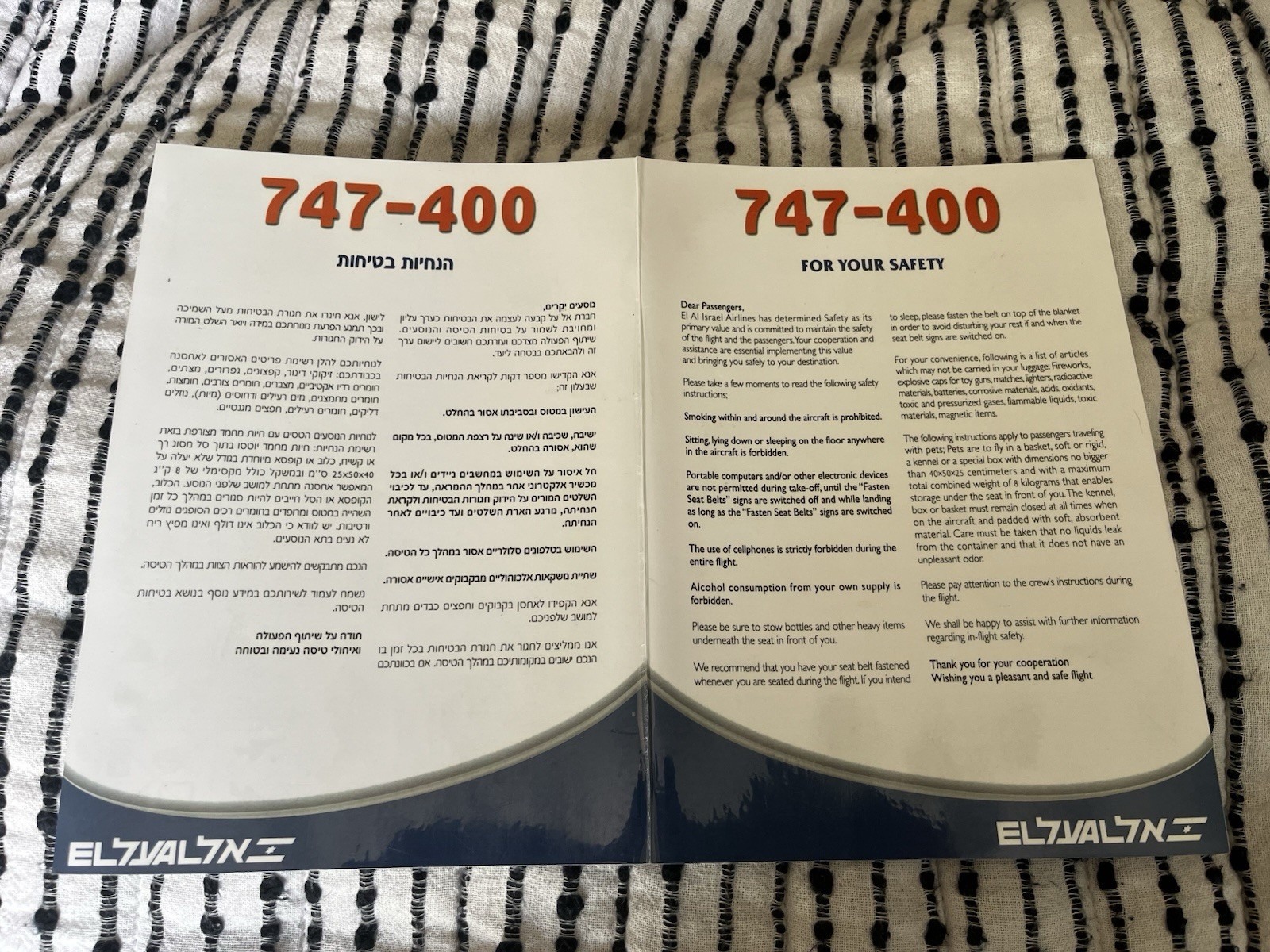 EL AL Israel Airlines B 747-400 Safety Card