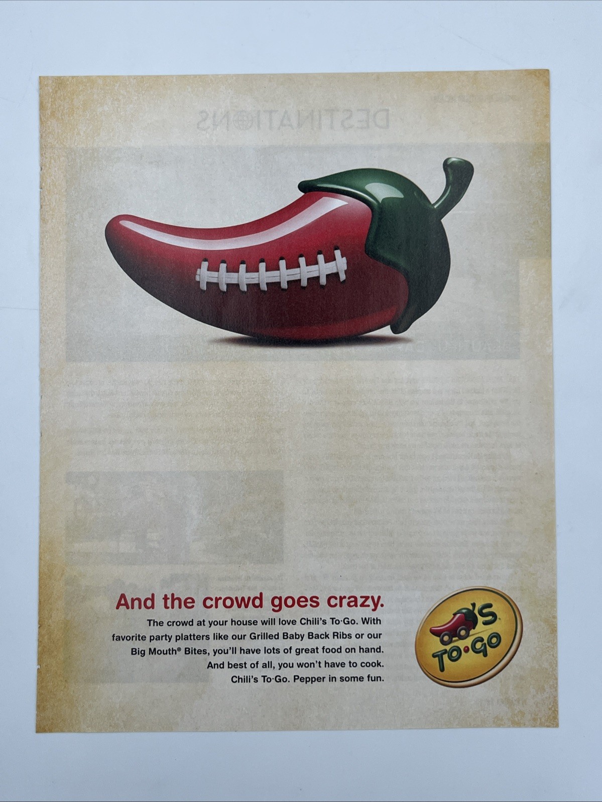 2008 Magazine Print Ad Advertisement Chili’s Chillis To Go Football Restaurant