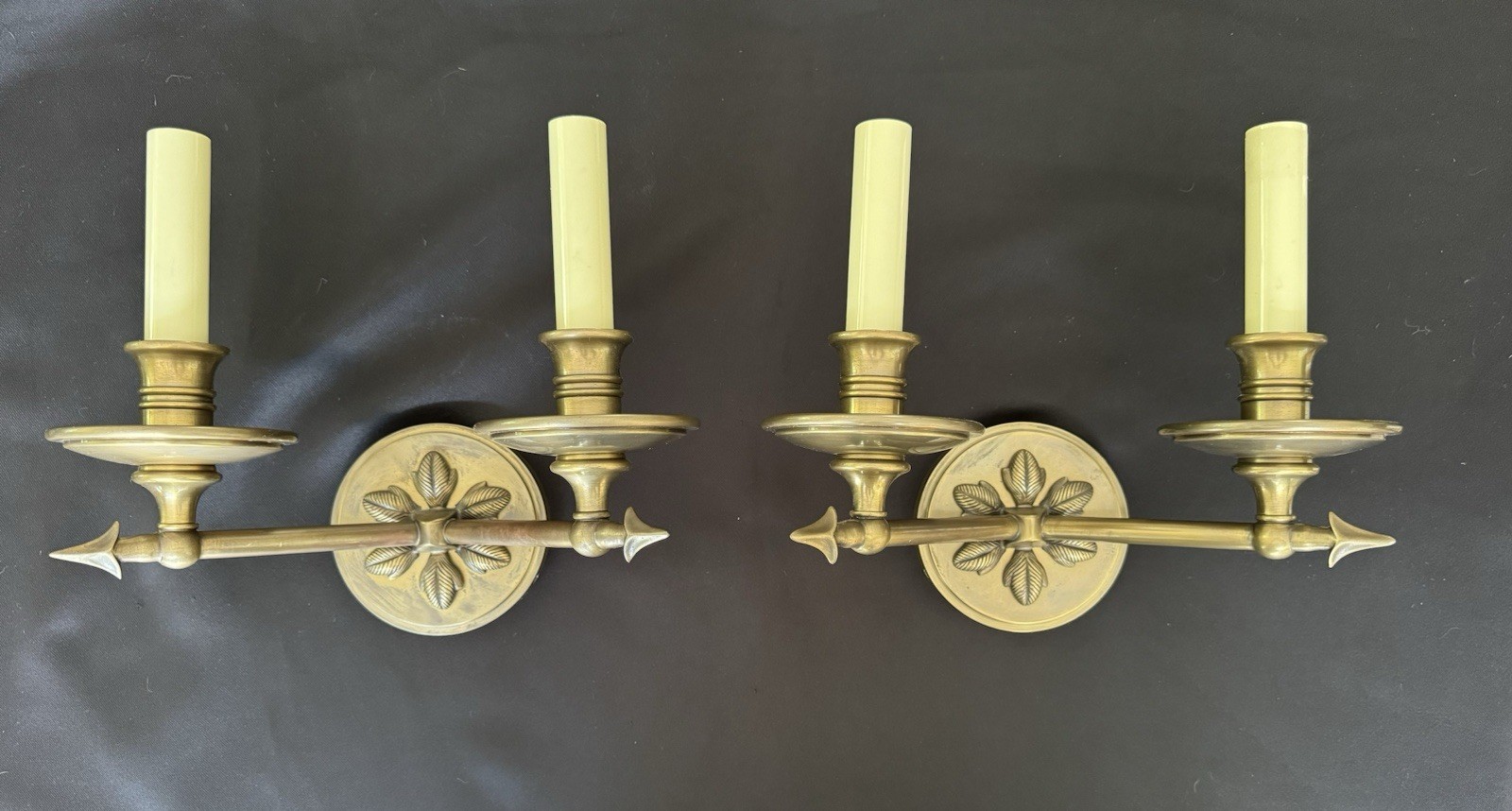 E.F. Chapman Leaf And Arrow Wall Sconce Pair Antique Burnished Brass