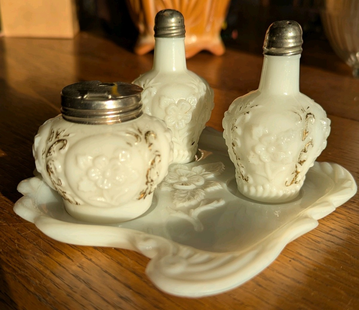 EAPG Milk Glass Condiment Set Cosmos Scroll Pattern Tray Shakers Mustard Pot
